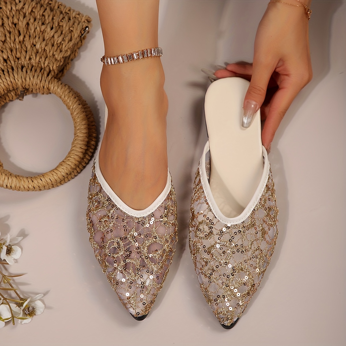Solid Sequins Glitter Flat Shoes, Women's Lightweight Round Toe Slip on Casual Low Top Flat Shoes,Womens Sneakers,Temu