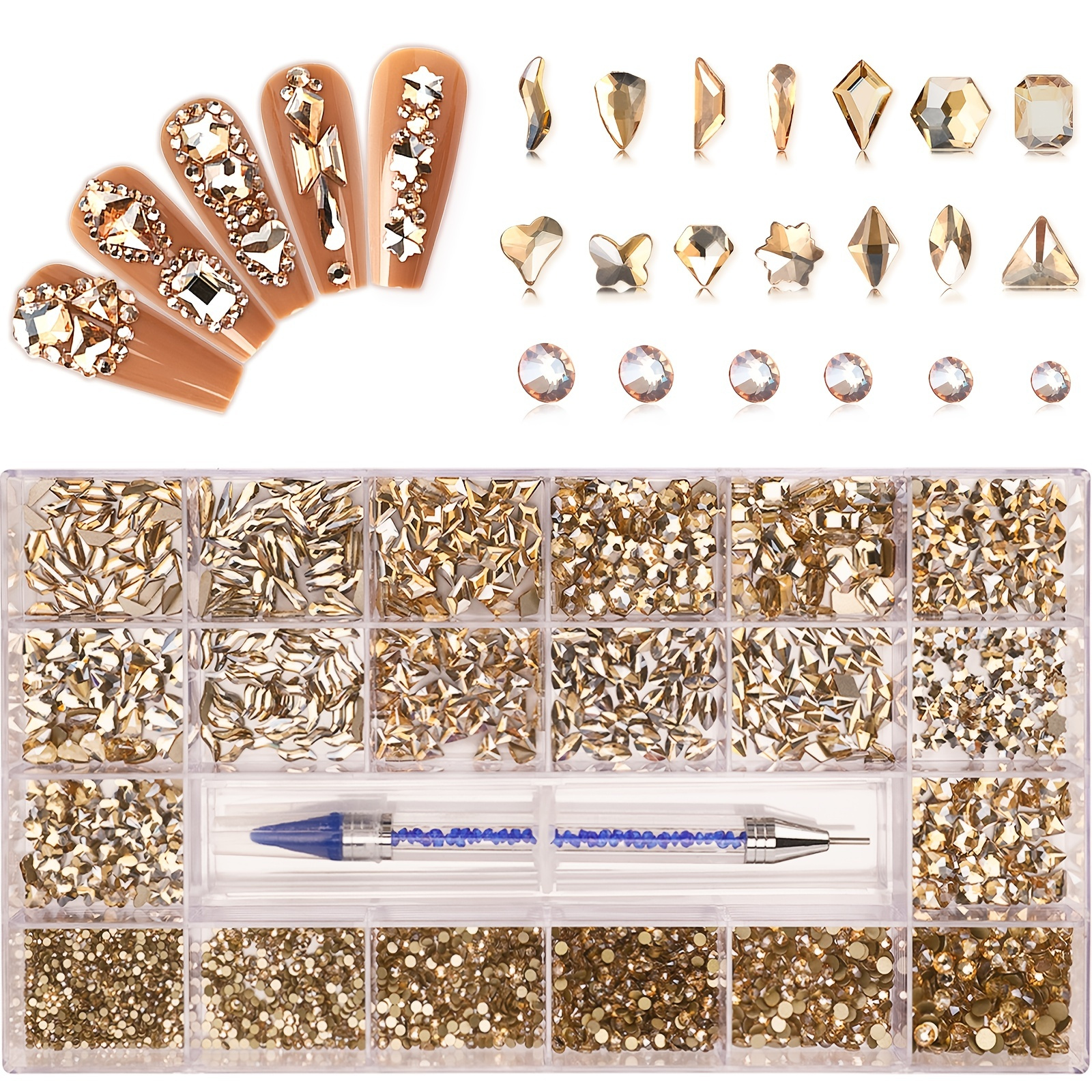 2000Pcs Gold Champagne Nail Rhinestones Crystals Gems Multi Shaped Sized  Nail Beads Glass Gems Stones Nail Crystals Rhinestones with Pen for Nail  DIY