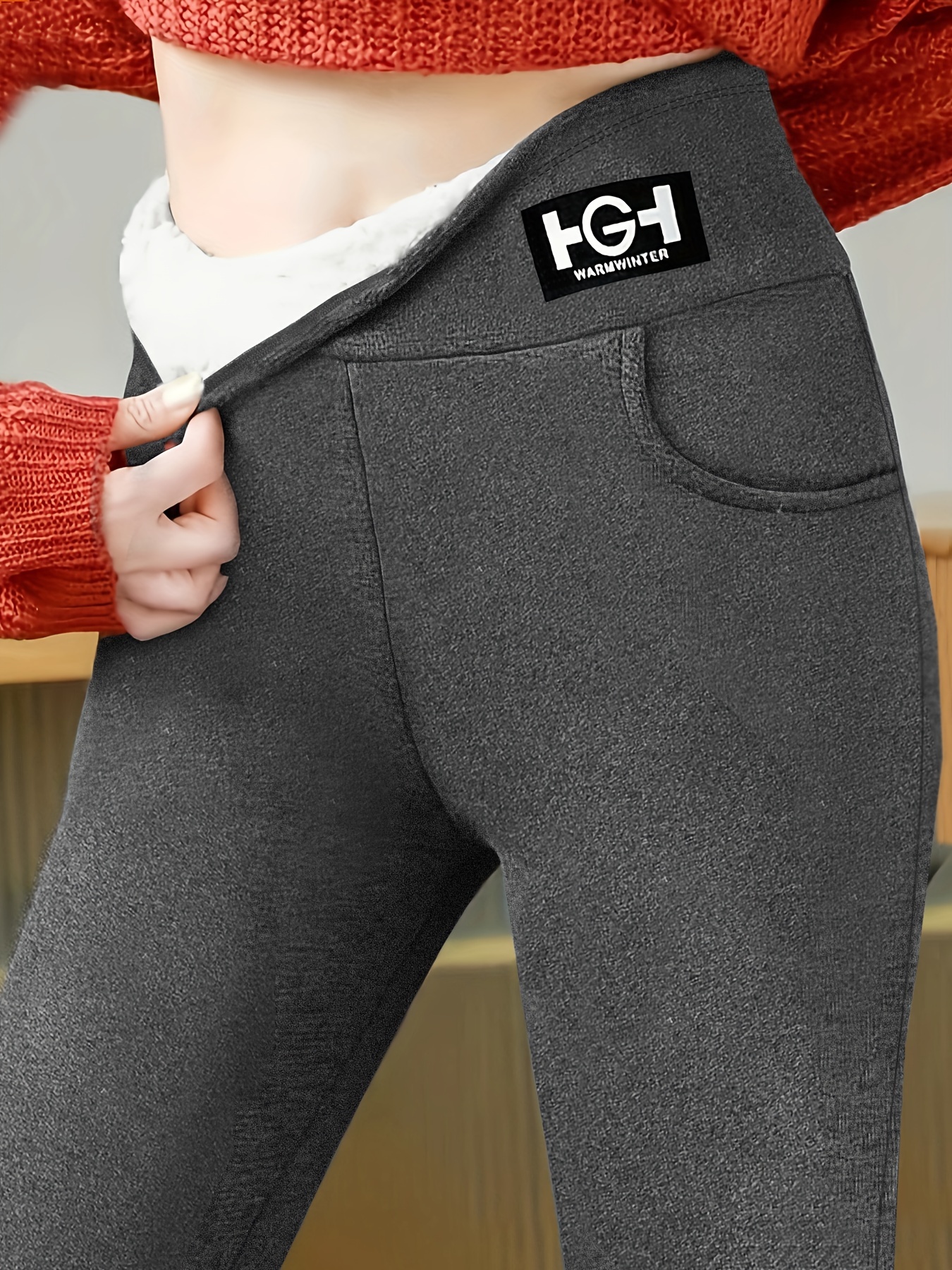 Solid Warm Plush Lining Leggings Casual Stretchy Long Length