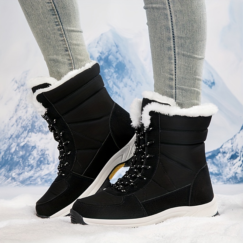 Women's Cute Fleece Snow Boots, Pom-pom Lace Up Chunky Heeled Mid Calf  Boots, Winter Warm Outdoor Boots