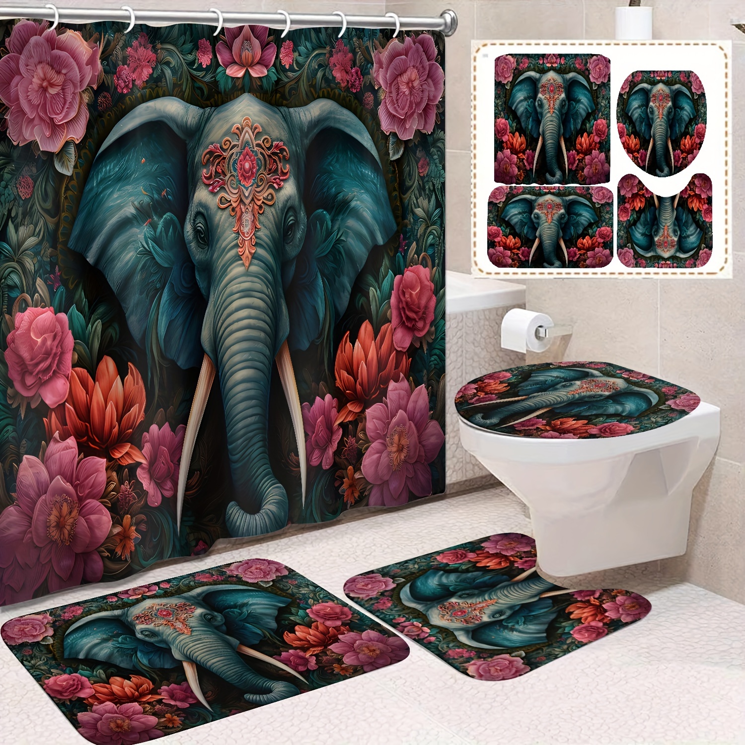 Juego de 4 cortinas de ducha de elefantes con alfombra antideslizante,  cubierta de tapa de inodoro, alfombrilla de baño y 12 ganchos, cortina de  ducha
