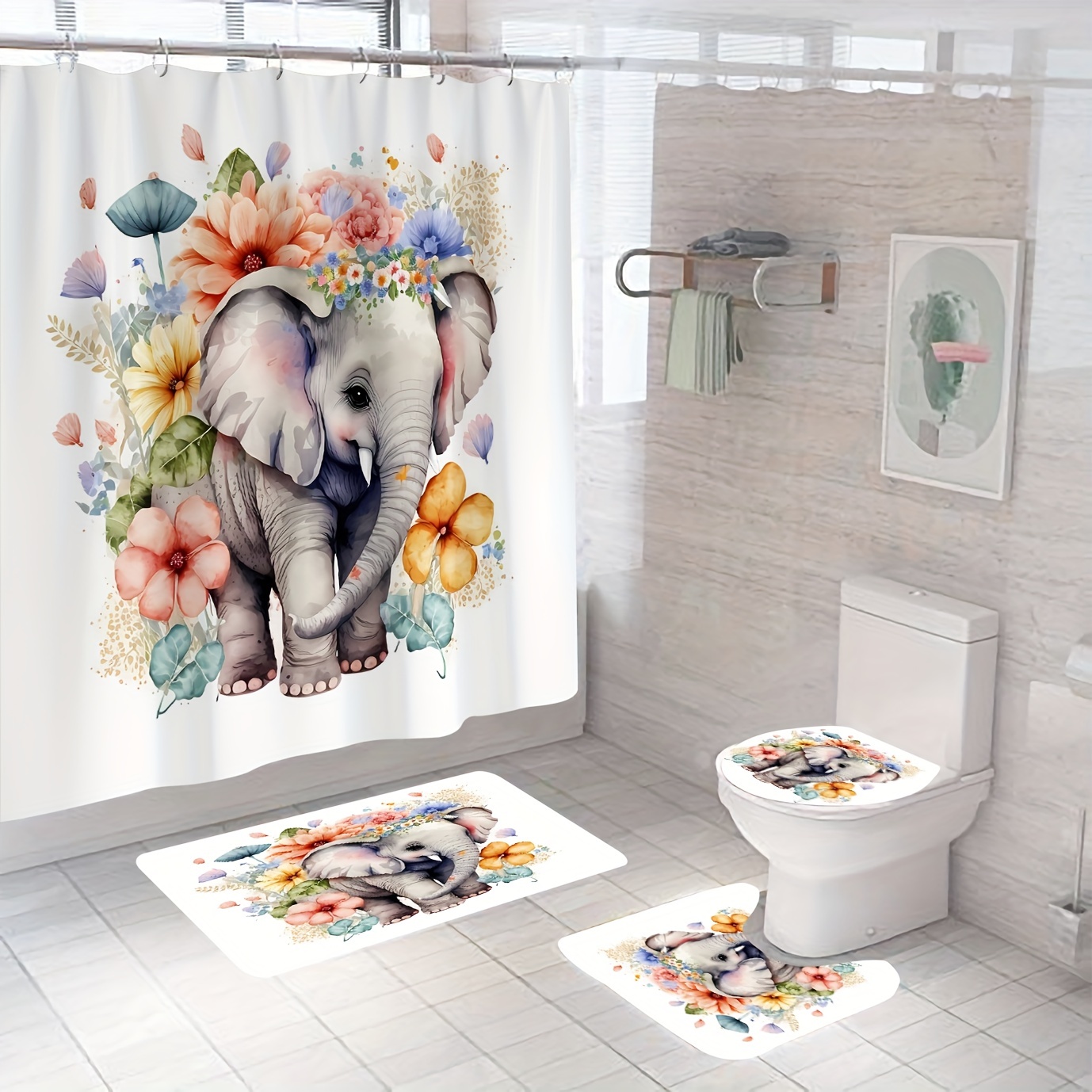  ECOTOB Cortina de ducha de elefante para bebé niño, elefante  sobre fondo de cheurón blanco y gris, accesorios de baño divertidos de  animales, cortina de baño de tela con ganchos para