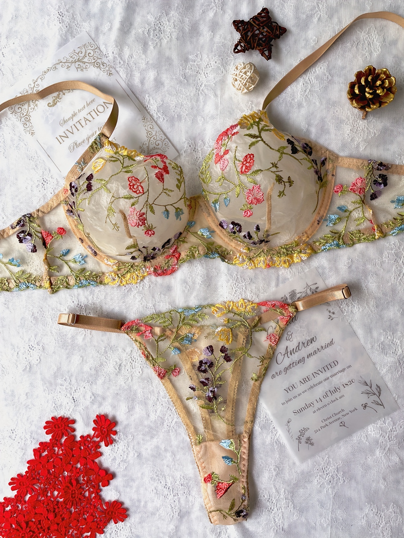 Floral Embroidery Lingerie Set, Romantic Semi-sheer Push Up Bra & Thong  Panties, Women's Sexy Lingerie & Underwear