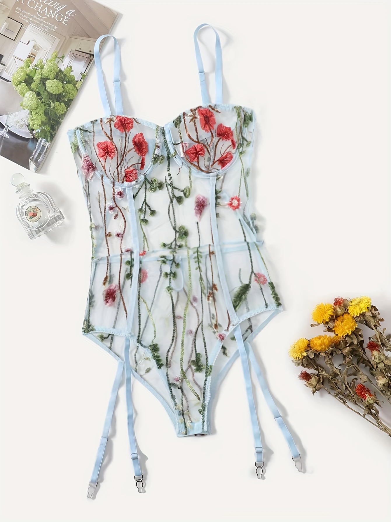 Flower Embroidered Mesh Bustier Bodysuit