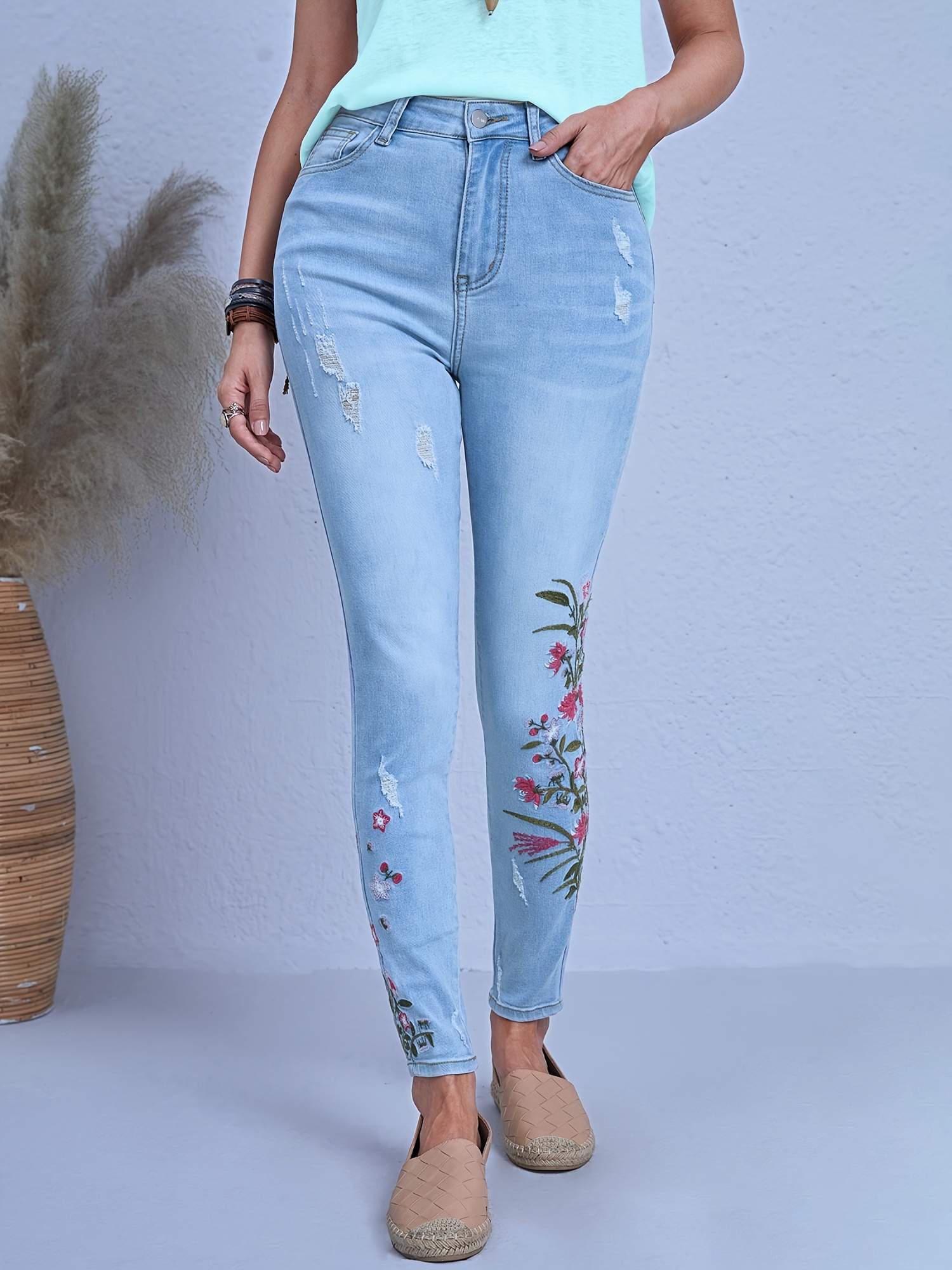 Temu Solid Color Pocket Rhinestone Long Length Straight Leg, Women's Denim Glitter Decor High Rise Slash Party Y2K Style Women's Denim Jeans Women's
