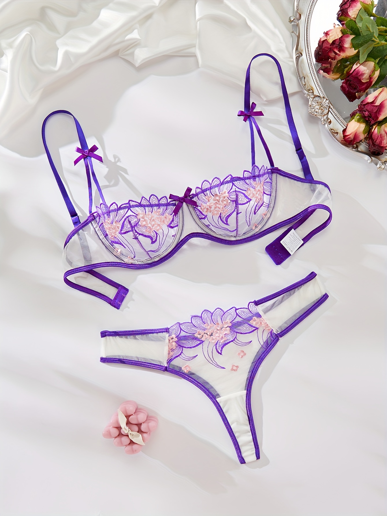 Romantic Floral Embroidery Lingerie Set - Sheer Bra And Mesh Thong