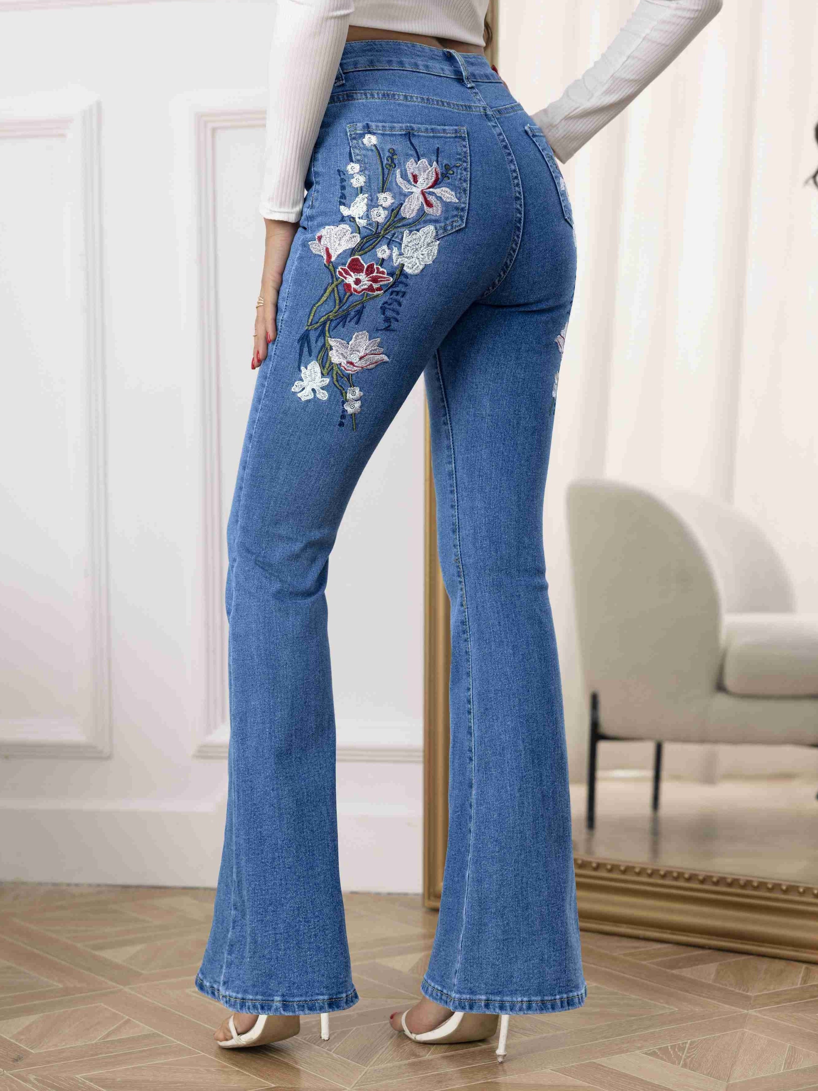 Pantalones vaqueros elásticos bordados para mujer Pantalones vaqueros  elásticos de flores Mujer Pantalones de mezclilla delgados Agujero rasgado