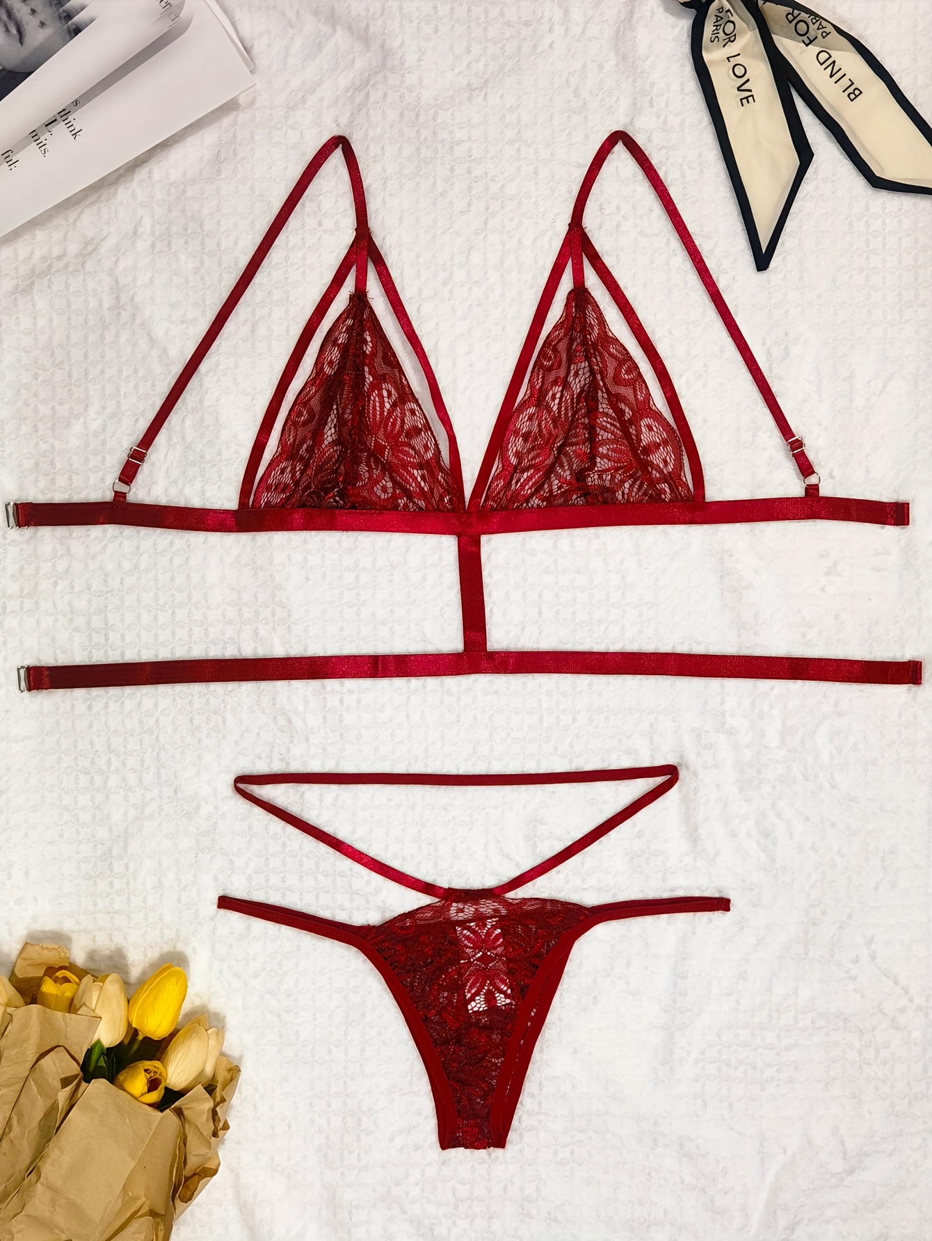 Cherry Embroidery Lingerie Set, Sheer Unlined Bra & Mesh Thong, Women's  Sexy Lingerie & Underwear
