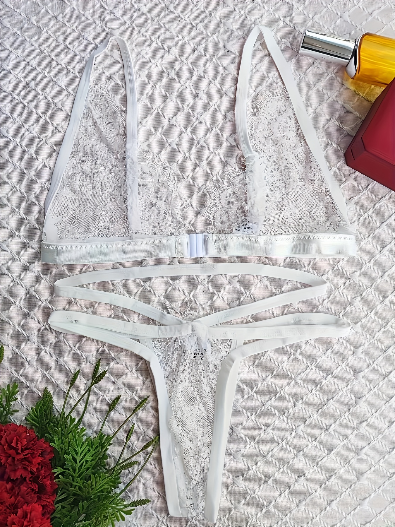 4pcs Lace Hollow Harness Sexy Lingerie Set, Sheer Thin Straps Bra &  Semi-sheer Hollow Thong Panty & Girdle Garter & Stockings, Women's Sexy  Lingerie 