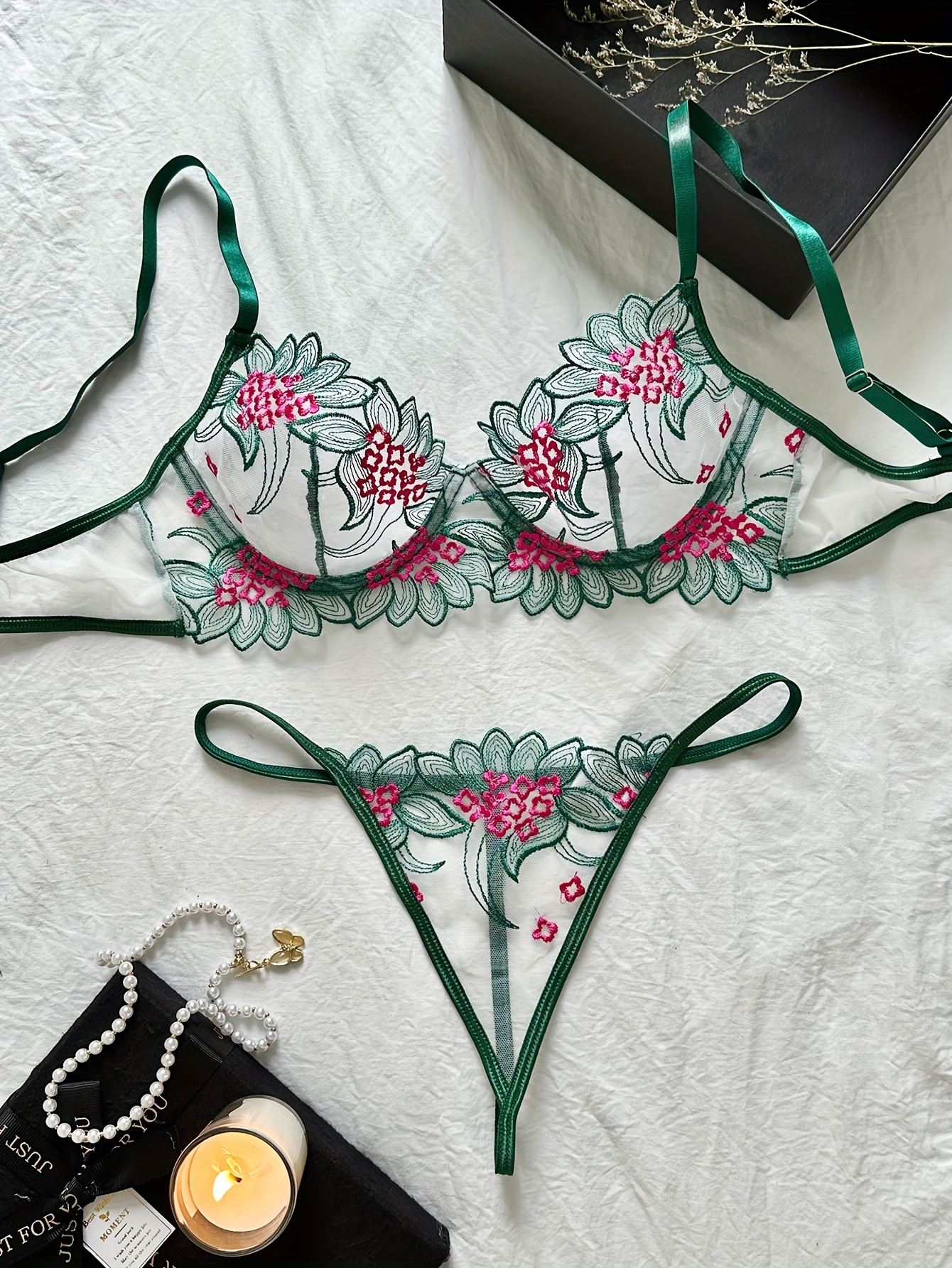Erotic Floral Lace Lingerie Set Scallop Trim Chain Linked - Temu