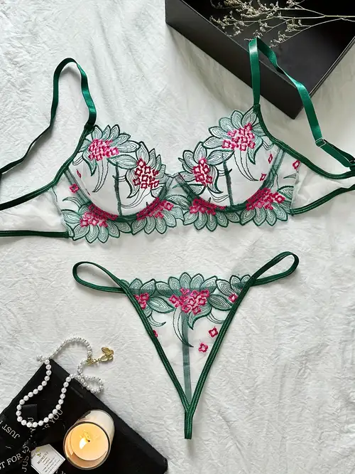 Women Sexy Lace Floral Embroidery Underwear Tie Dyed Mesh Bra See Through  Underwear Two Piece Set Plus Size