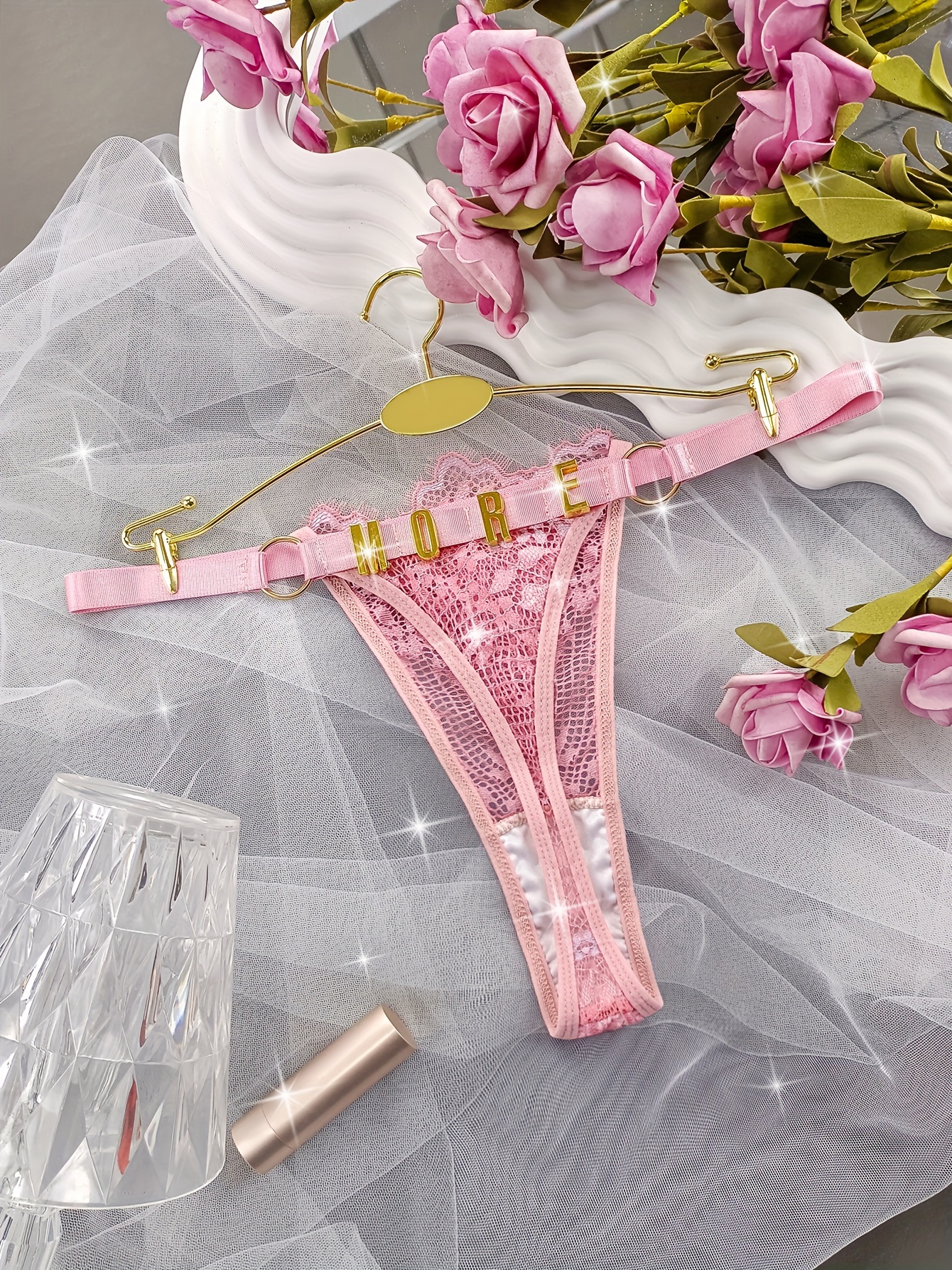 Sexy Bow Decor Thongs Crotchless Spaghetti Strap Floral Rose - Temu