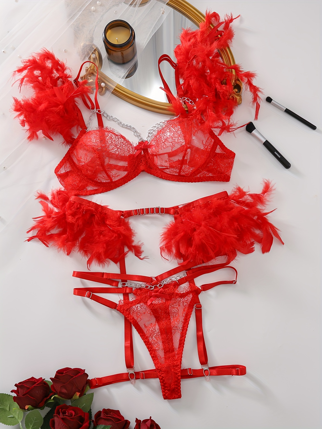 Red Sexy Lingerie with a Bouquet of Roses and a Necklace Free