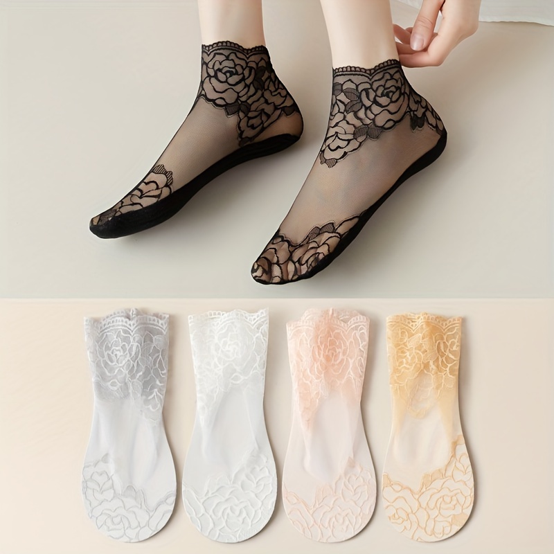 Calcetines cortos de encaje para mujer, 3 pares, calcetines delgados  invisibles, calcetines de algodón