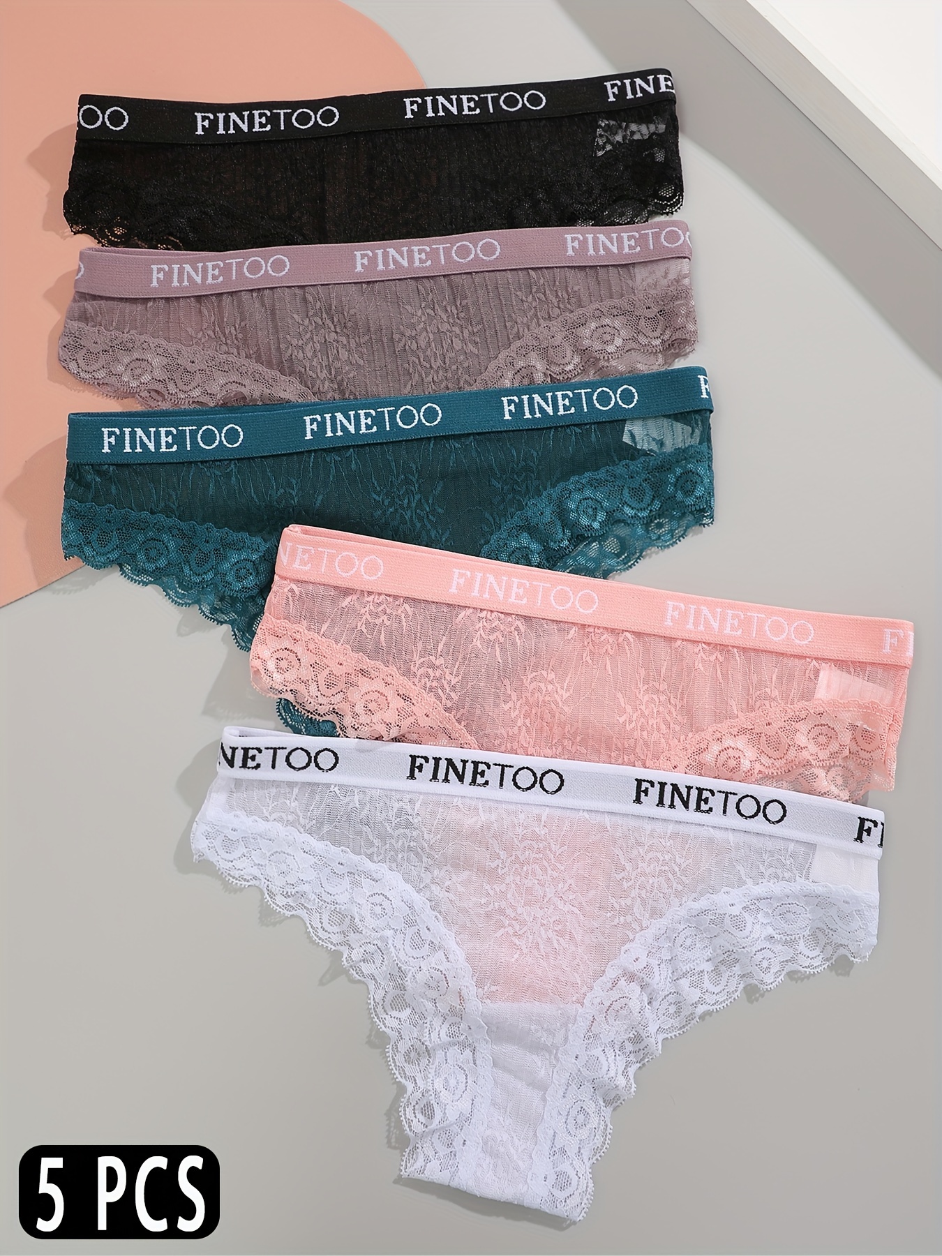 5pcs Floral Lace Boyshort Panties, Thin Semi-Sheer Wave Trim Panties,  Women's Lingerie & Underwear