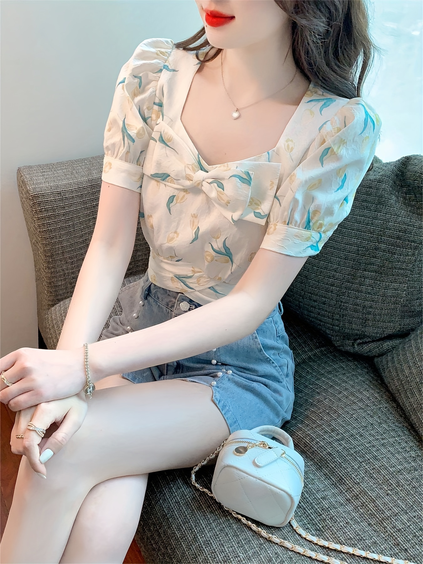 Korean Floral Puff Sleeve Sweet Blouse - S, green