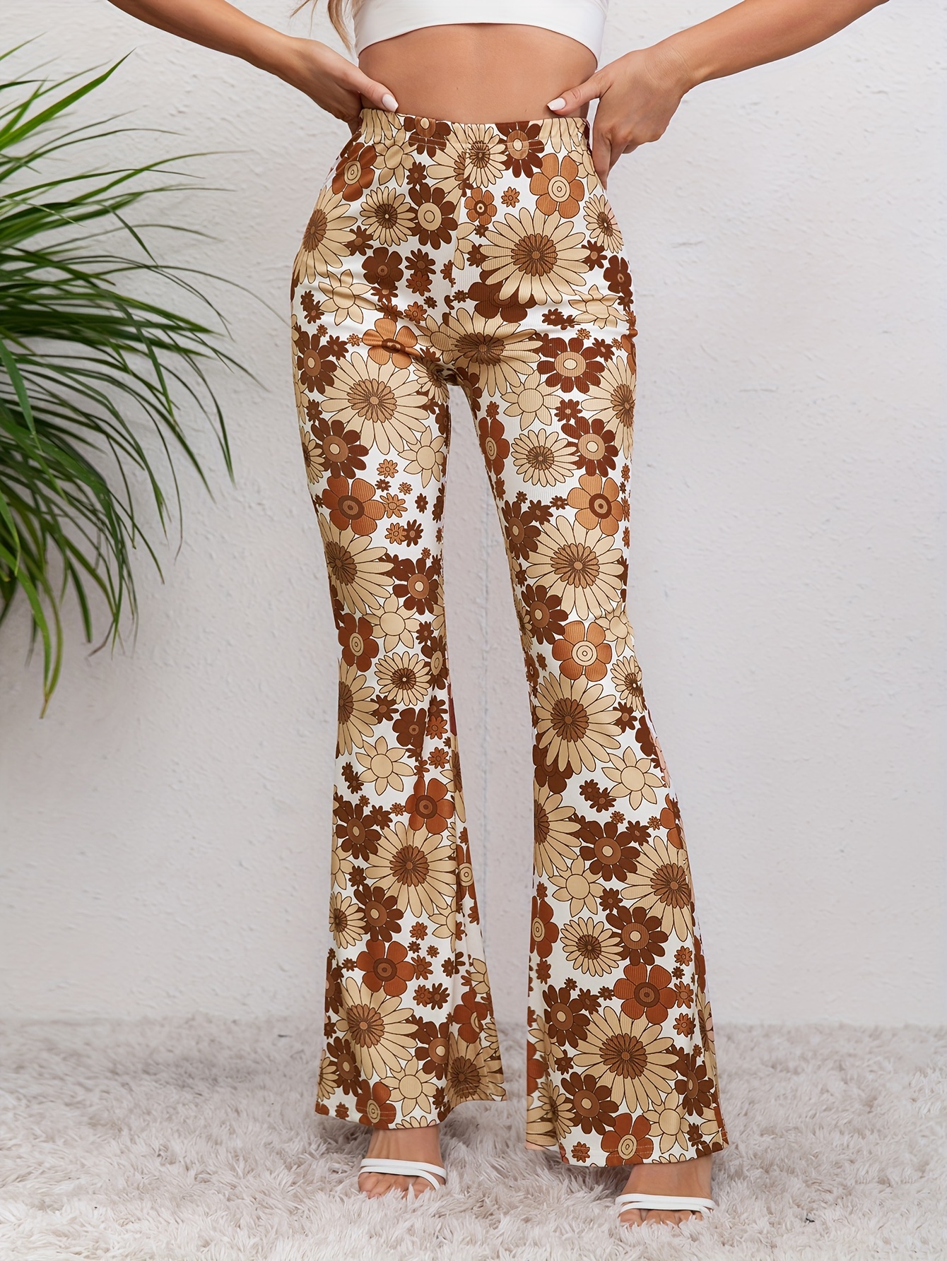 Floral Print Flare Leg Pants, Boho High Waist Pants For All-season, Women's  Clothing