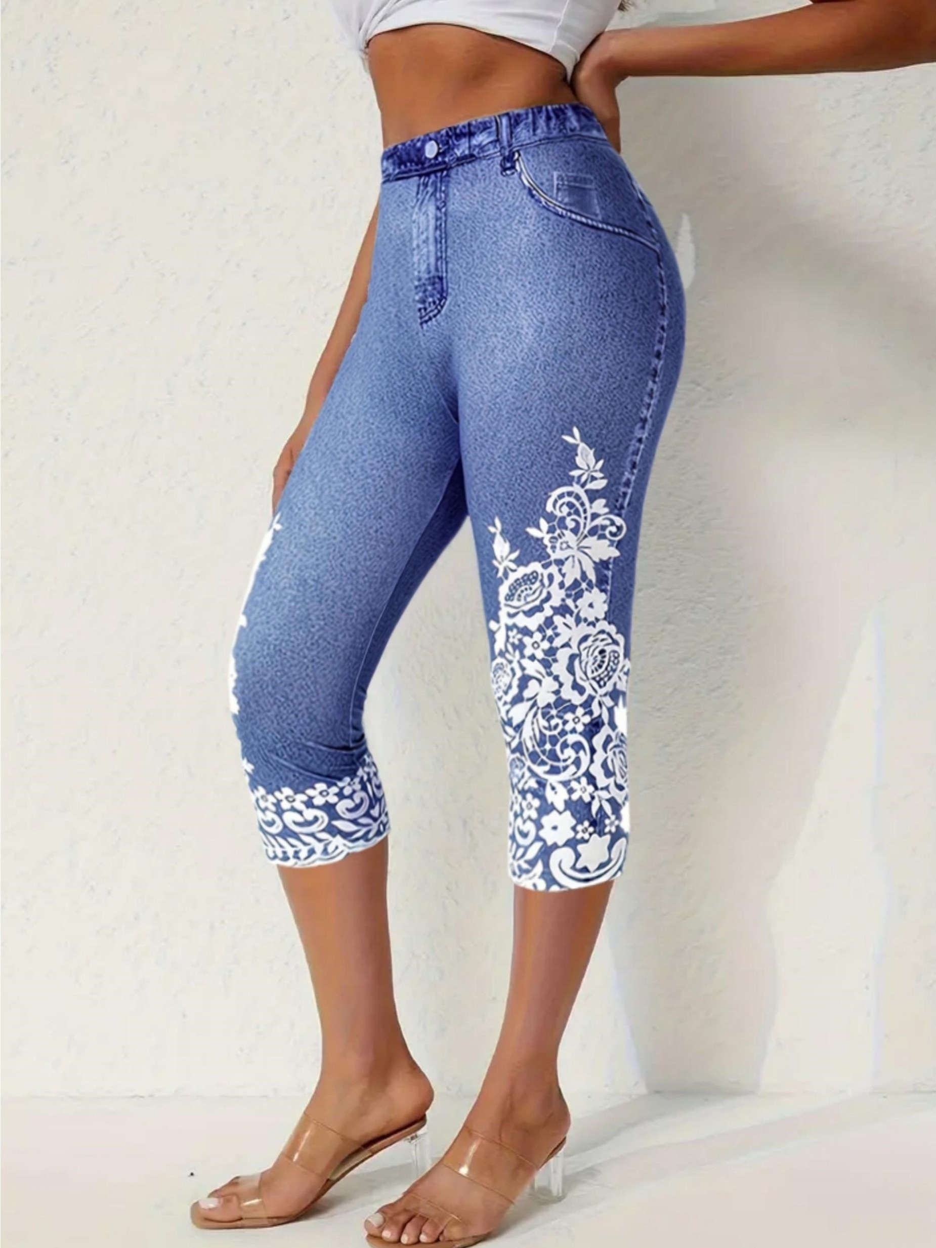 Contrast Lace Knee Length Pants Casual High Waist Slim Pants