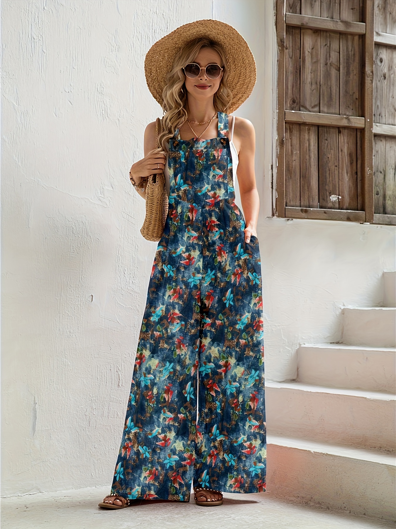 Women's Floral Jumpsuit Casual Off Shoulder Ruffle Mid Sleeve Tie Waist  Wide Leg Overalls Rompers with Pockets