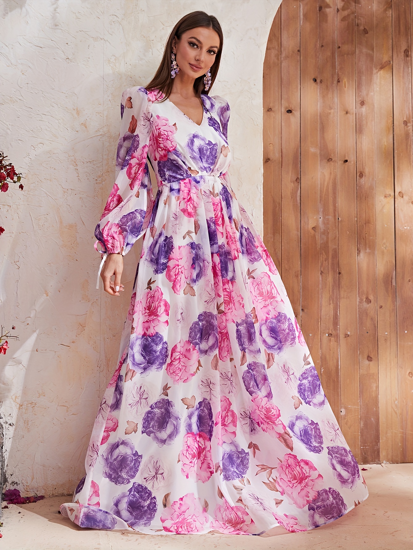 Leopard Floral Flowy Swing Dress, Long Sleeve V Neck Fashion Spring Summer  Dresses, Women's Clothing