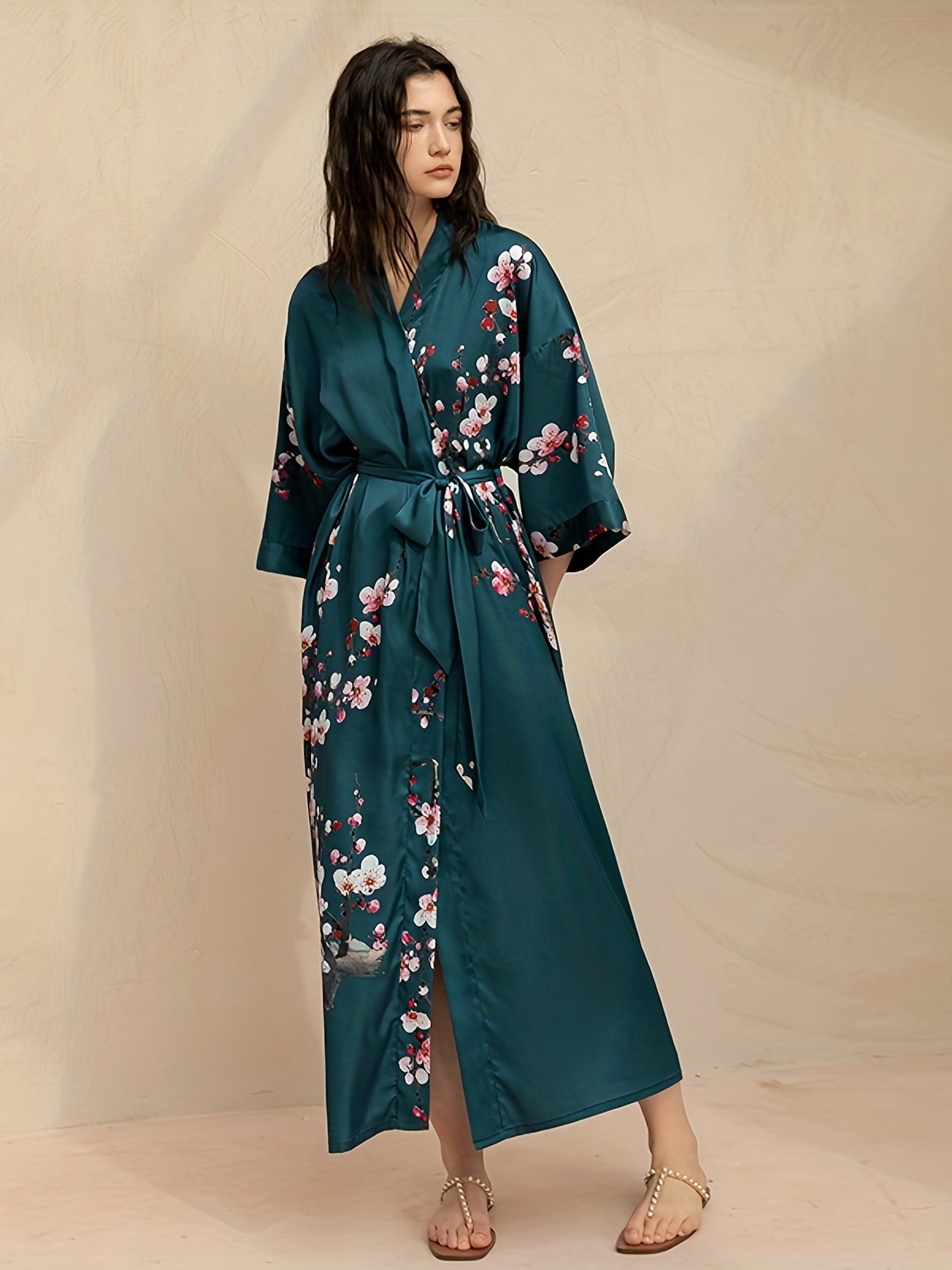 Men's Satin Floral Print Belted Sleep Robe, Imitation Silk Printed  Long-sleeved V-neck Pajamas Home Robe Bathrobe - Temu Germany