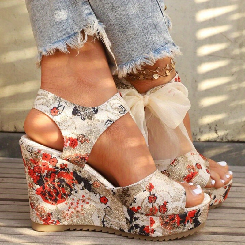 Women's Floral Print Wedge Sandals, Peep Toe Ankle Strap Platform Heels,  Stylish Dress D'Orsay Sandals