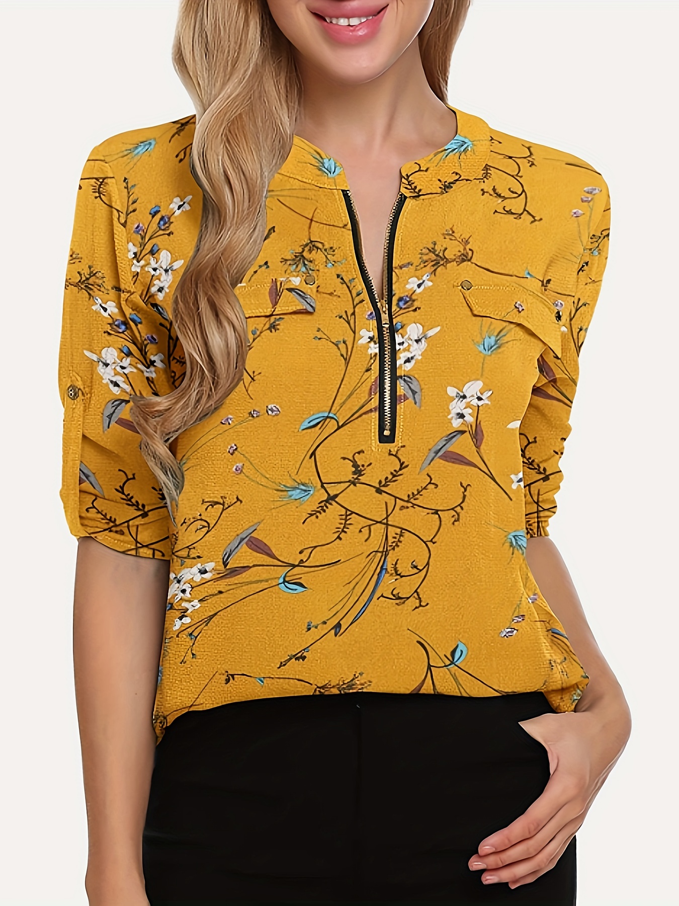 Tops & Blusas Mujer, Blusa De Manga Larga Con Escote Pronunciado Y Botones  Naranja