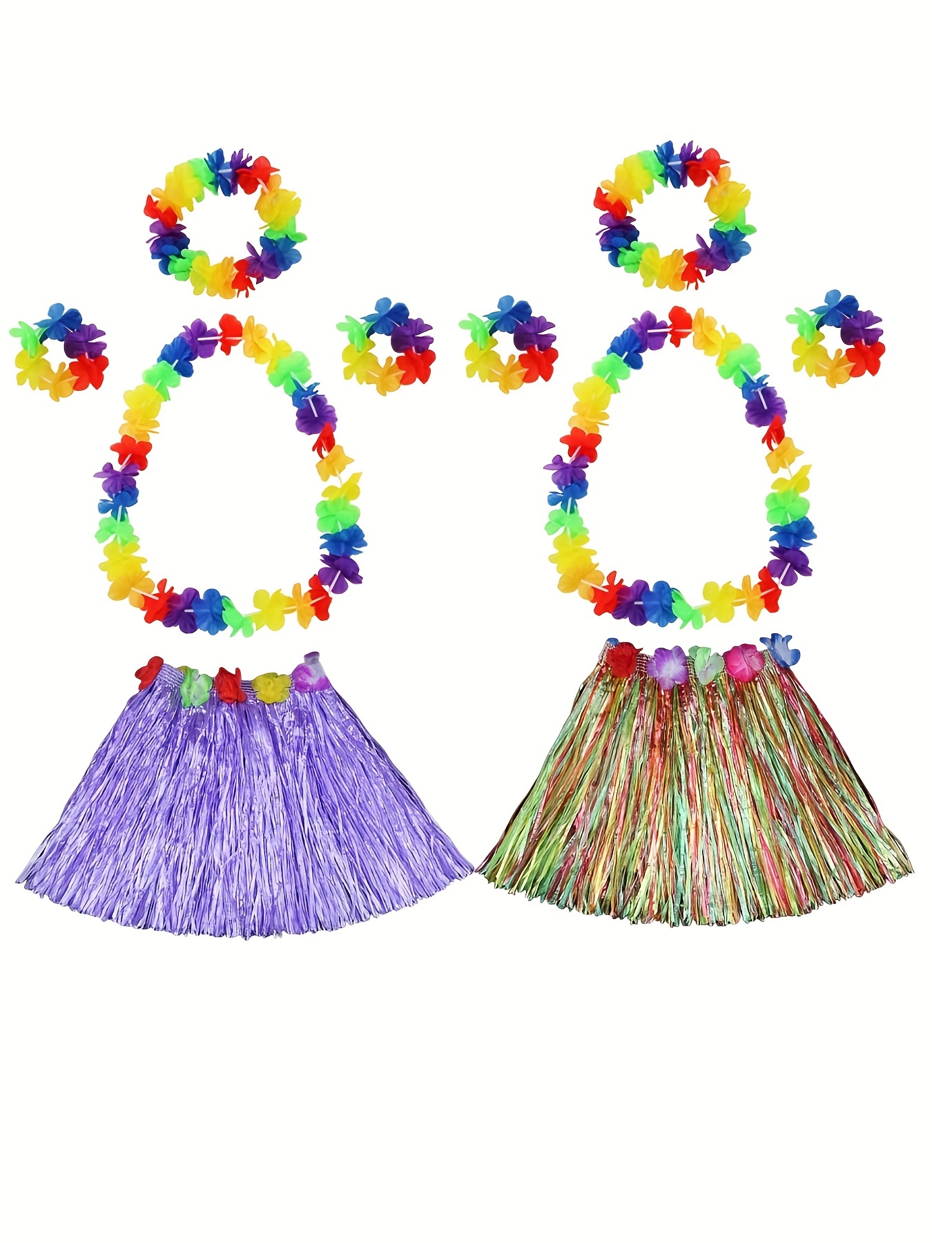 Costume Hawaiian Plastic Grass Skirt, Flower Lais, And Tropical Print  Bikini Set