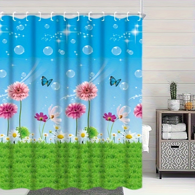 Flower Semi transparent Shower Curtain With Plastic Hooks - Temu