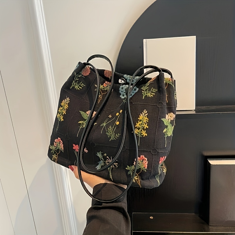 5pcs Flower Pattern Handbag Set, Vintage Tote Bag with Boston Bag & Crossbody Bag & Clutch Purse & Long Wallet,Temu