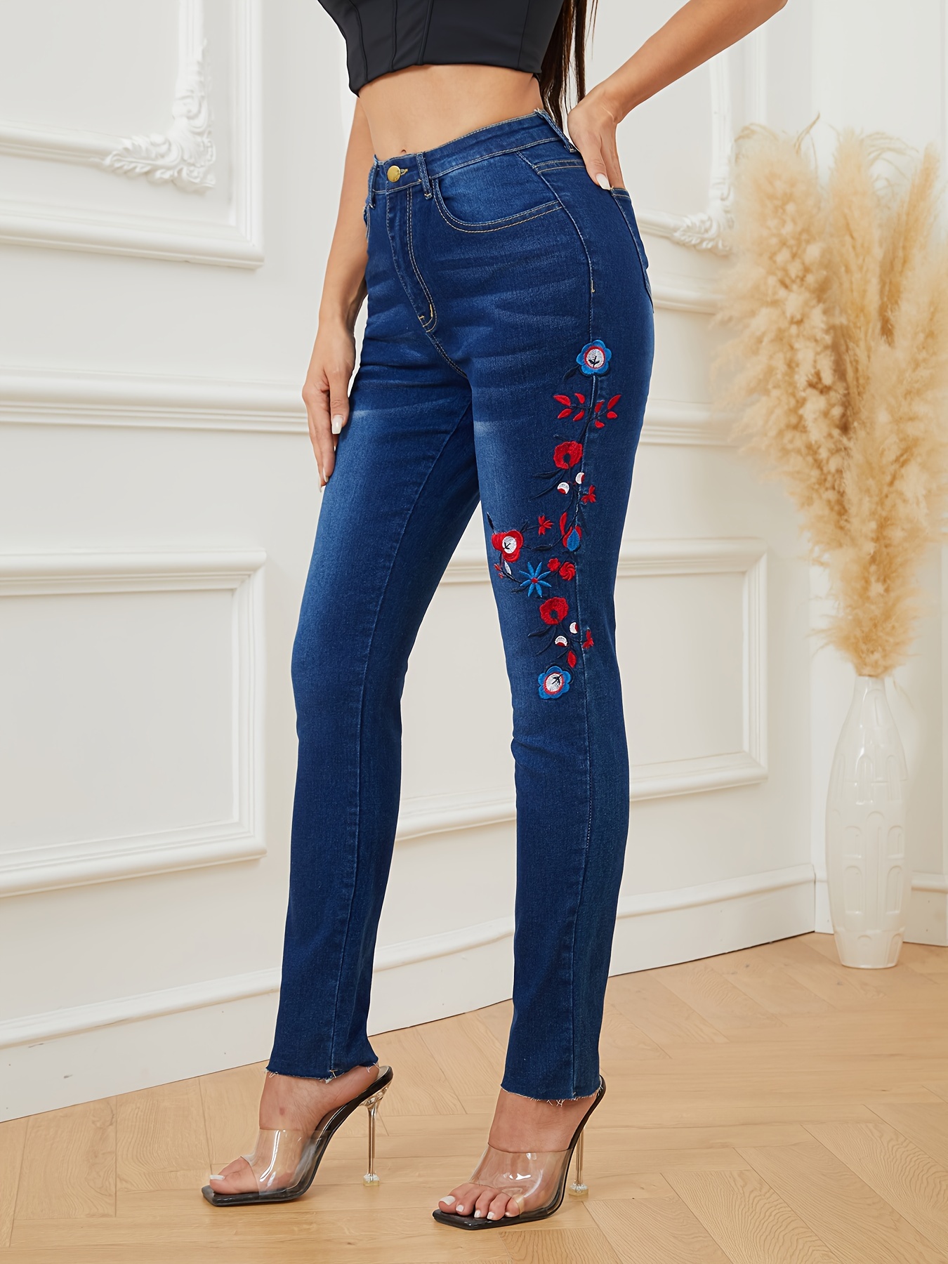 Pantalones vaqueros elásticos bordados para mujer Pantalones vaqueros  elásticos de flores Mujer Pantalones de mezclilla delgados Agujero rasgado