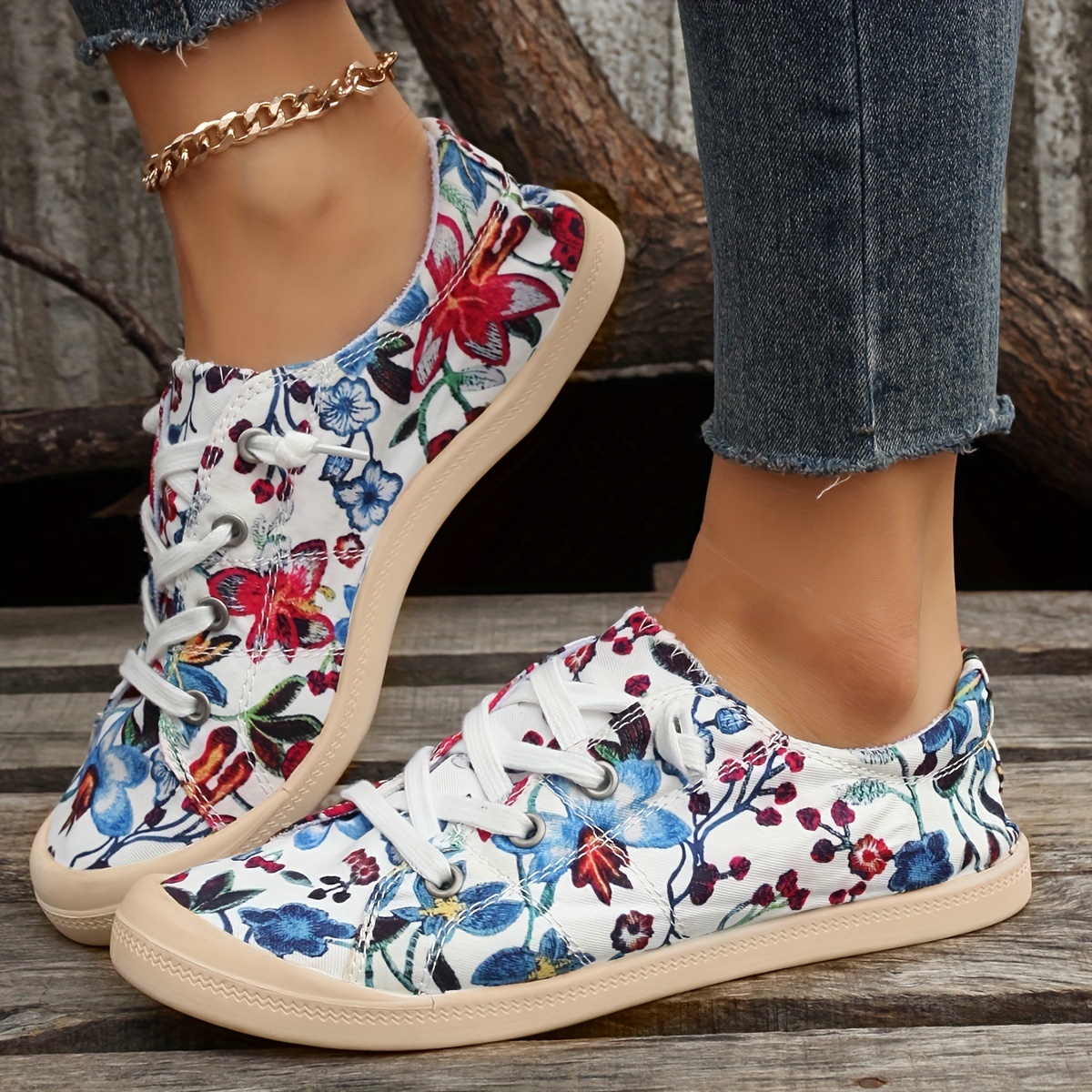 Womens Embroidery Flower Lace-Up Sneakers Flats Casual Denim Canvas Board  Shoes