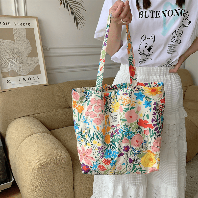 Floral Canvas Tote Bag Botanical Shopping Bag Aesthetic Flower Tote Bag  Canvas Grocery Bag For Women Girl Trendy School Tote