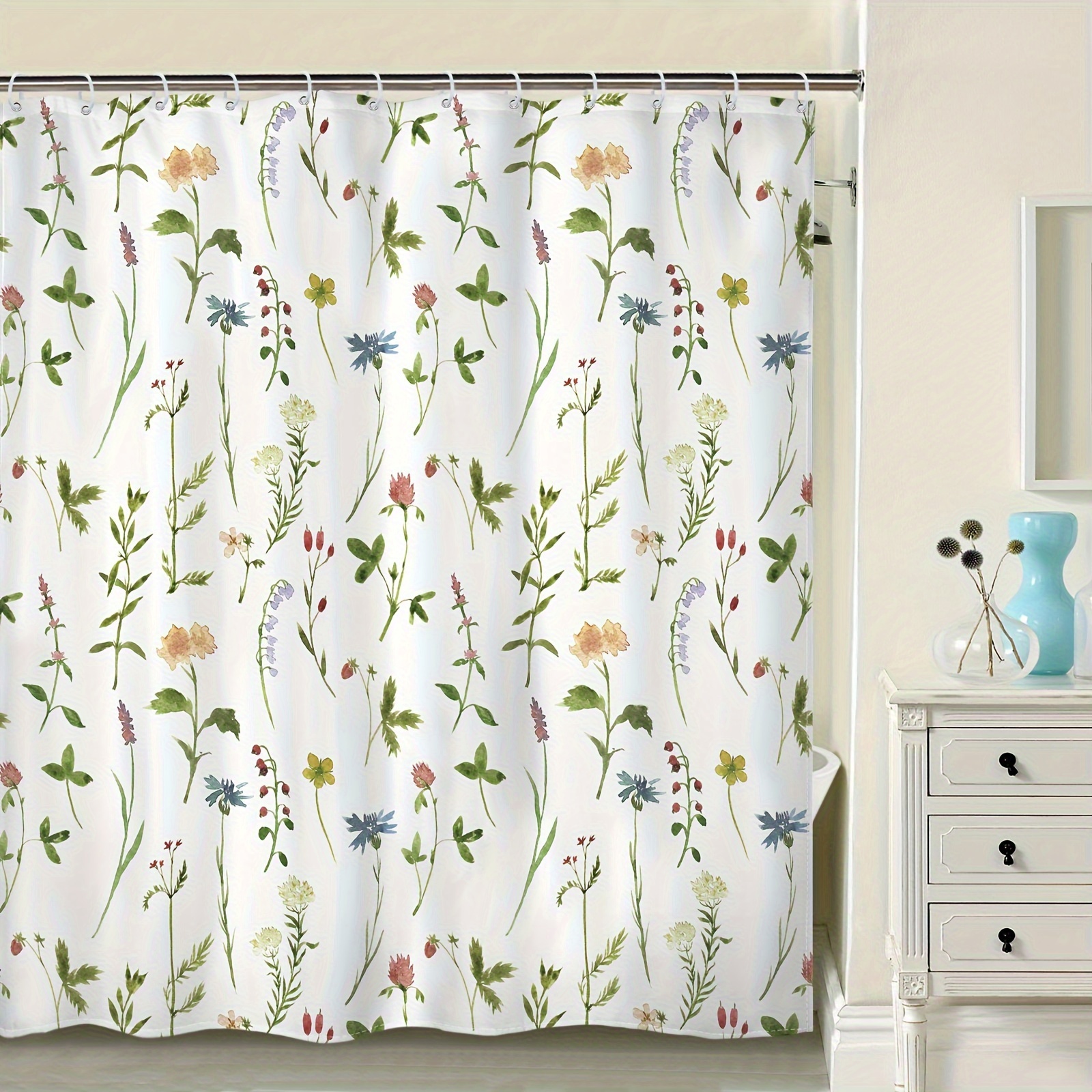Waterproof Shower Curtain With Botanical Floral Sage Herb Pattern And 12  Plastic Hooks - Enhance Your Bathroom Decor And Protect Your Floors - Temu