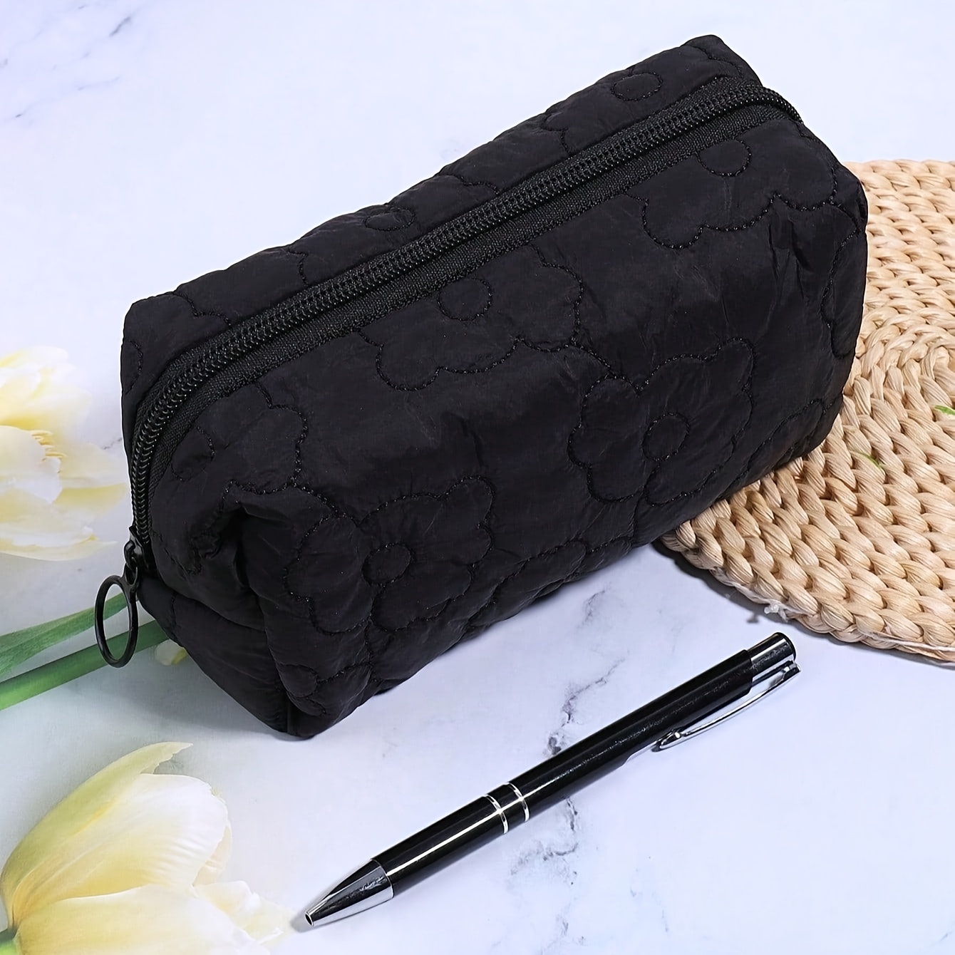 Slim Pencil Case in Indian Block Print Flower, Pen Case, Quilted Zipper  Pencil Pouch, Office School Supplies, Gift for Her 