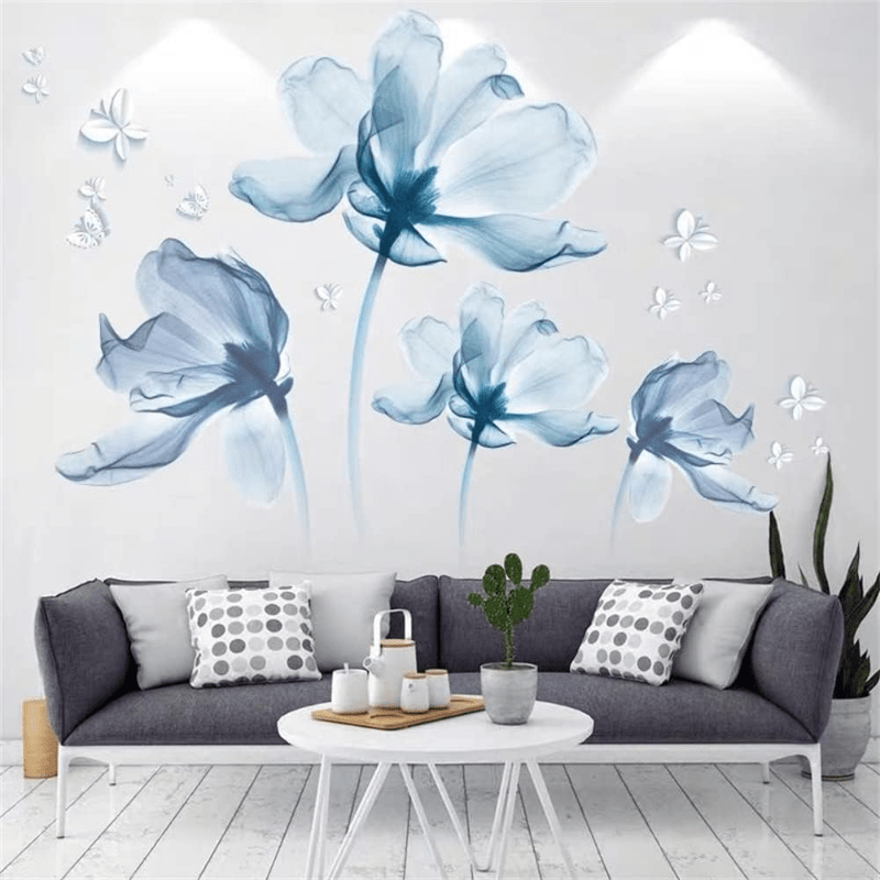 1 Pc Aquarelle Fleurs Bleues Et Papillon Stickers Muraux - Temu France