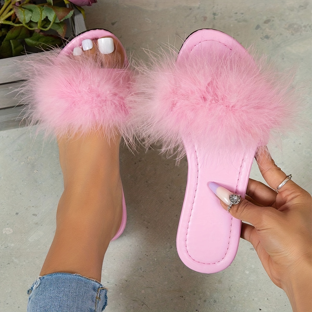 Trendy Faux Fur Slides, Casual Slip On Flat Home Shoes, Women's