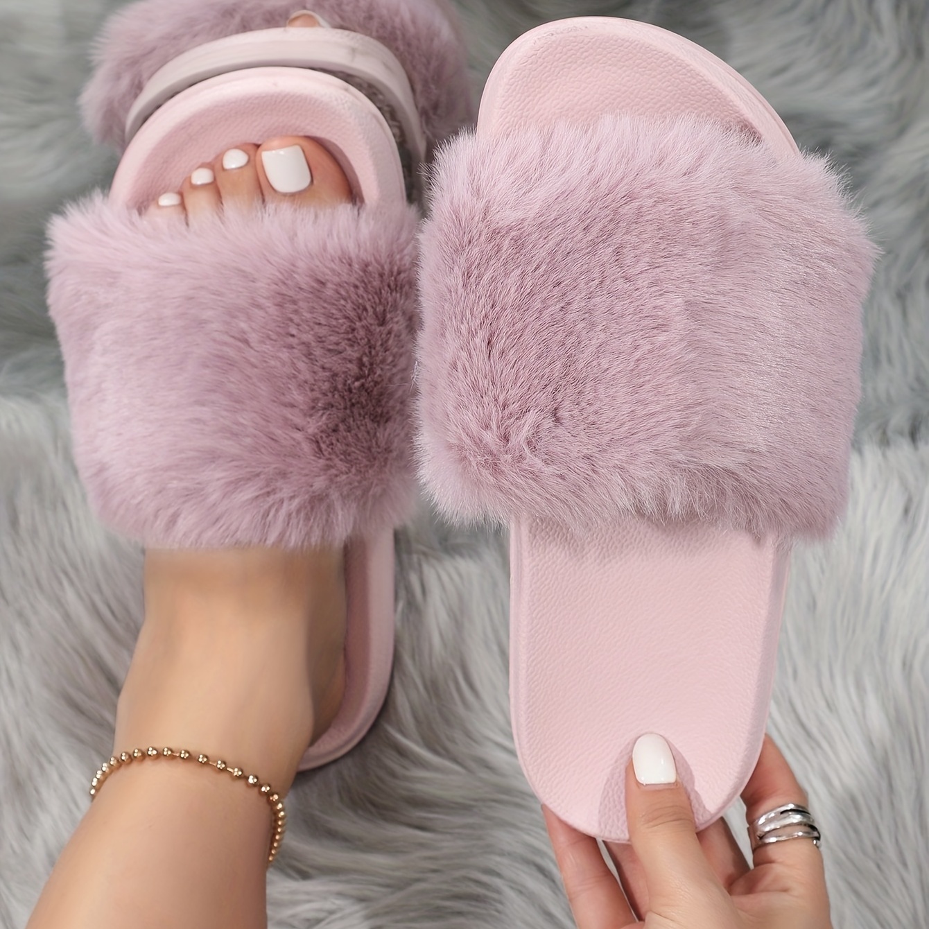 Puxowe Women Slides Faux Fur Fuzzy Slippers Indoor Outdoor Non