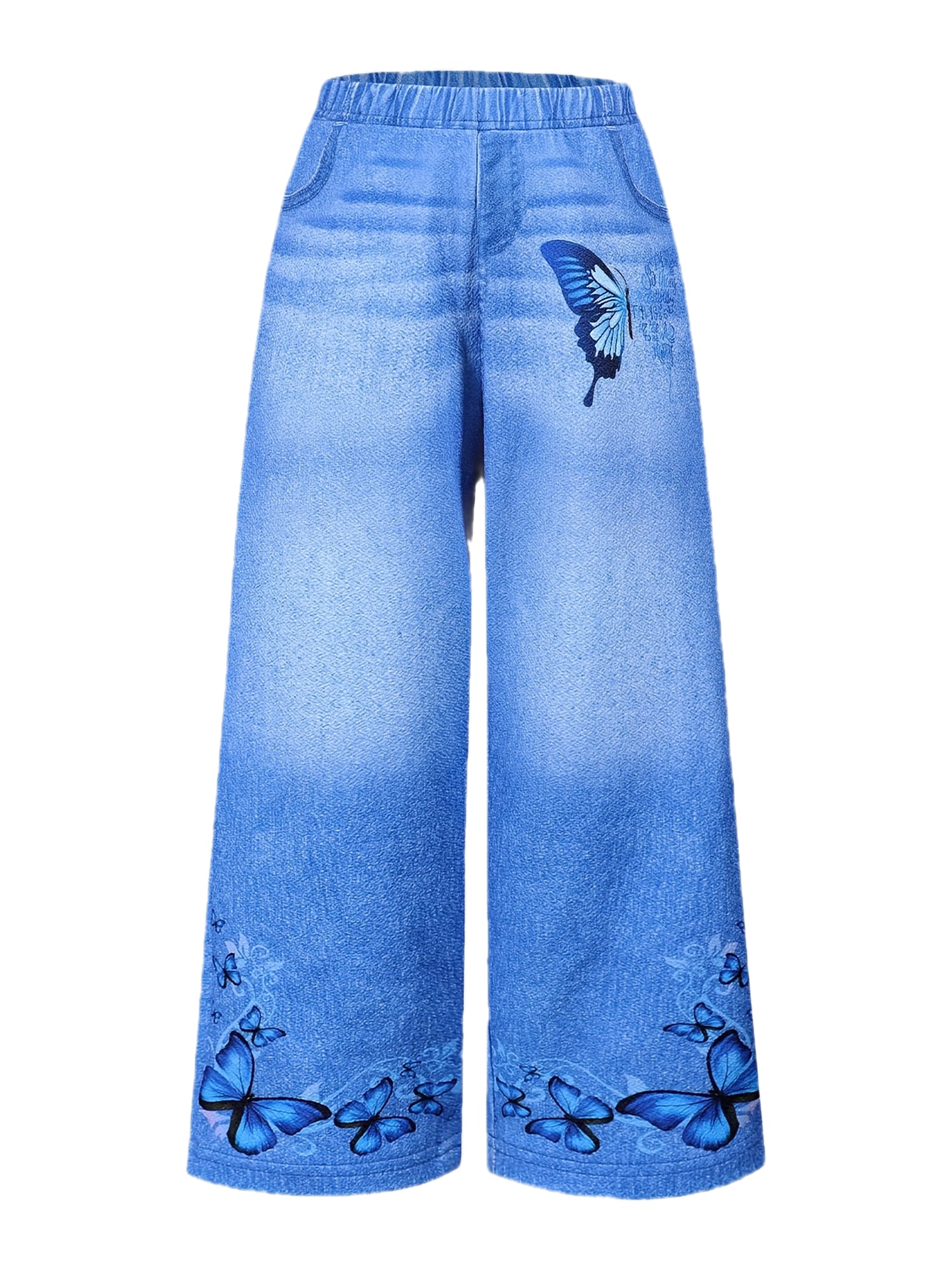 1pc Girls' Imitation Denim Wide-Leg Pants with Dynamic Butterfly Pattern Digital Placement Print, Faux Pockets, Comfortable and Soft Fabric, Novel and Unique Style Design, the First Choice for Girls' Outdoor Outfits, Perfect for Outdoor