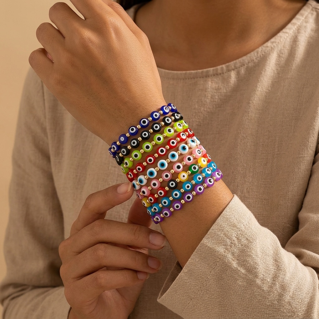 Devil's Eye Multi-Color Bead Elastic Bracelet, 18 Pieces