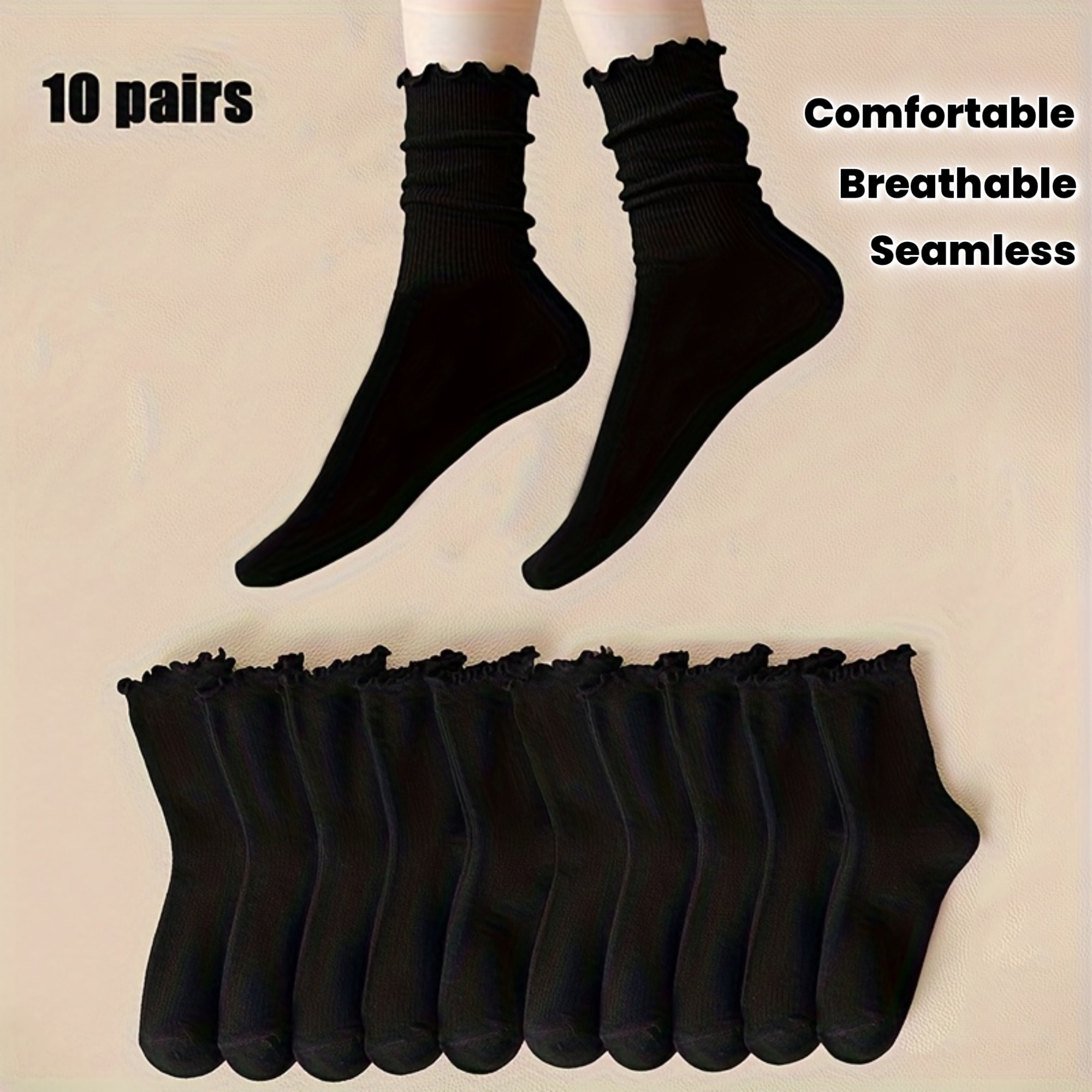 10 Pairs, Women'S Black Ruched Lace/Ruffled Mid-Calf Socks, Long Socks, Warm Socks, Comfortable And Breathable Casual, Suitable for Autumn And Winter