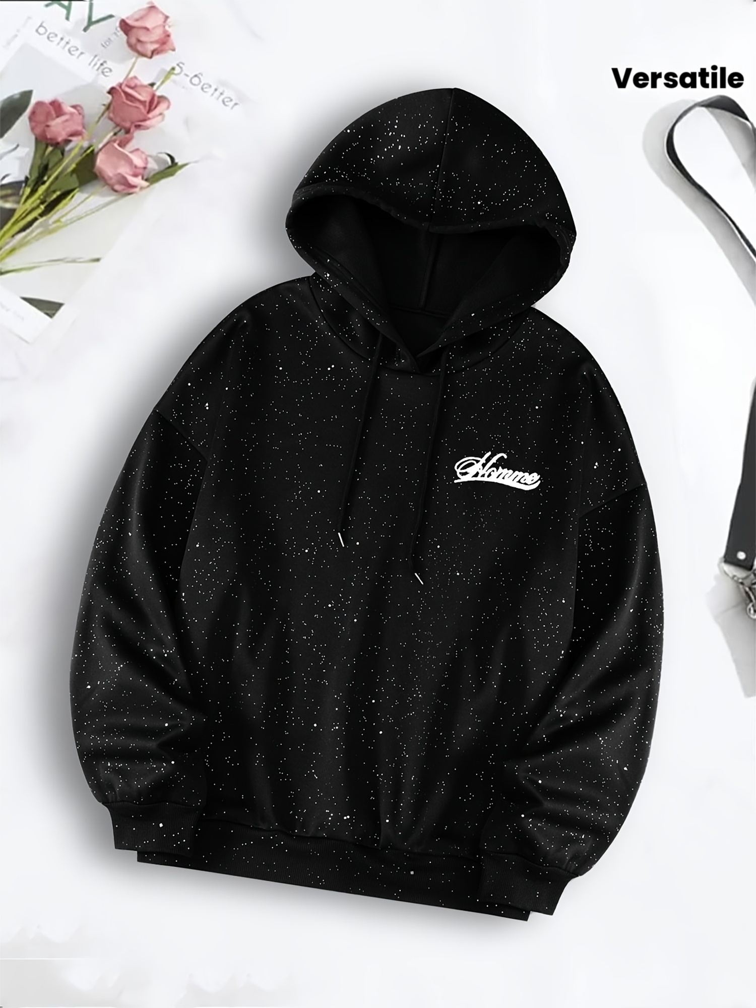 D135-Loose Silvery Sequin Fabric Top, Fashionable Versatile Letter Print Hooded Sweatshirt, Autumn and Winter, Women's L16094