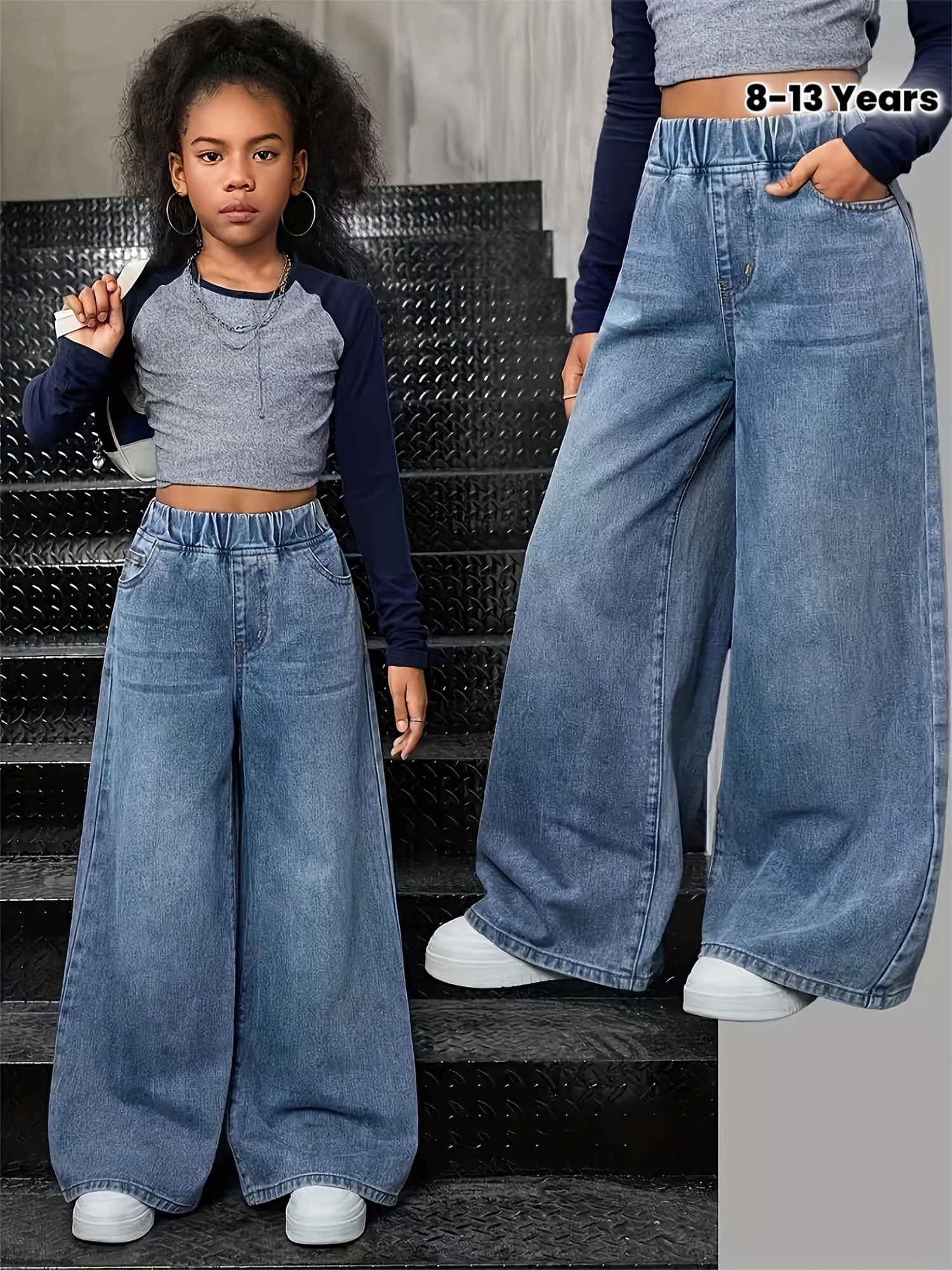 Girl's Straight-leg Jeans, Y2K-style Washed Denim Design for Young Girls, Elastic Stretch Waistband, Loose and Comfortable Fit, Basic Fashionable Cut, Trendy and Cool Street Style, for Daily Outings, Casual Sportswear Pants, Autumn/winter Trousers