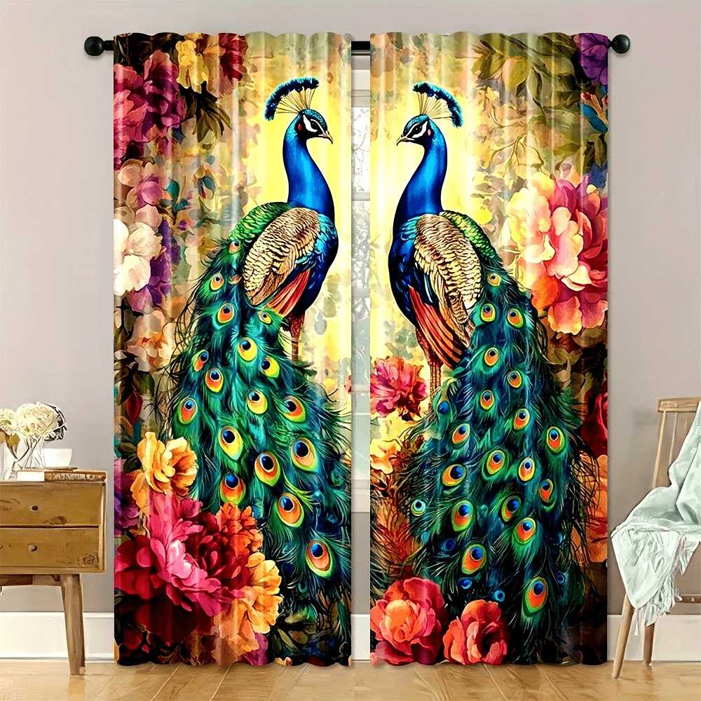 TEMU 2pcs Vibrant Peacock And Floral Print Curtains - Polyester Rod , Light Filtering For Bedroom, Living Room, Office - Ideal For Decor And Holiday
