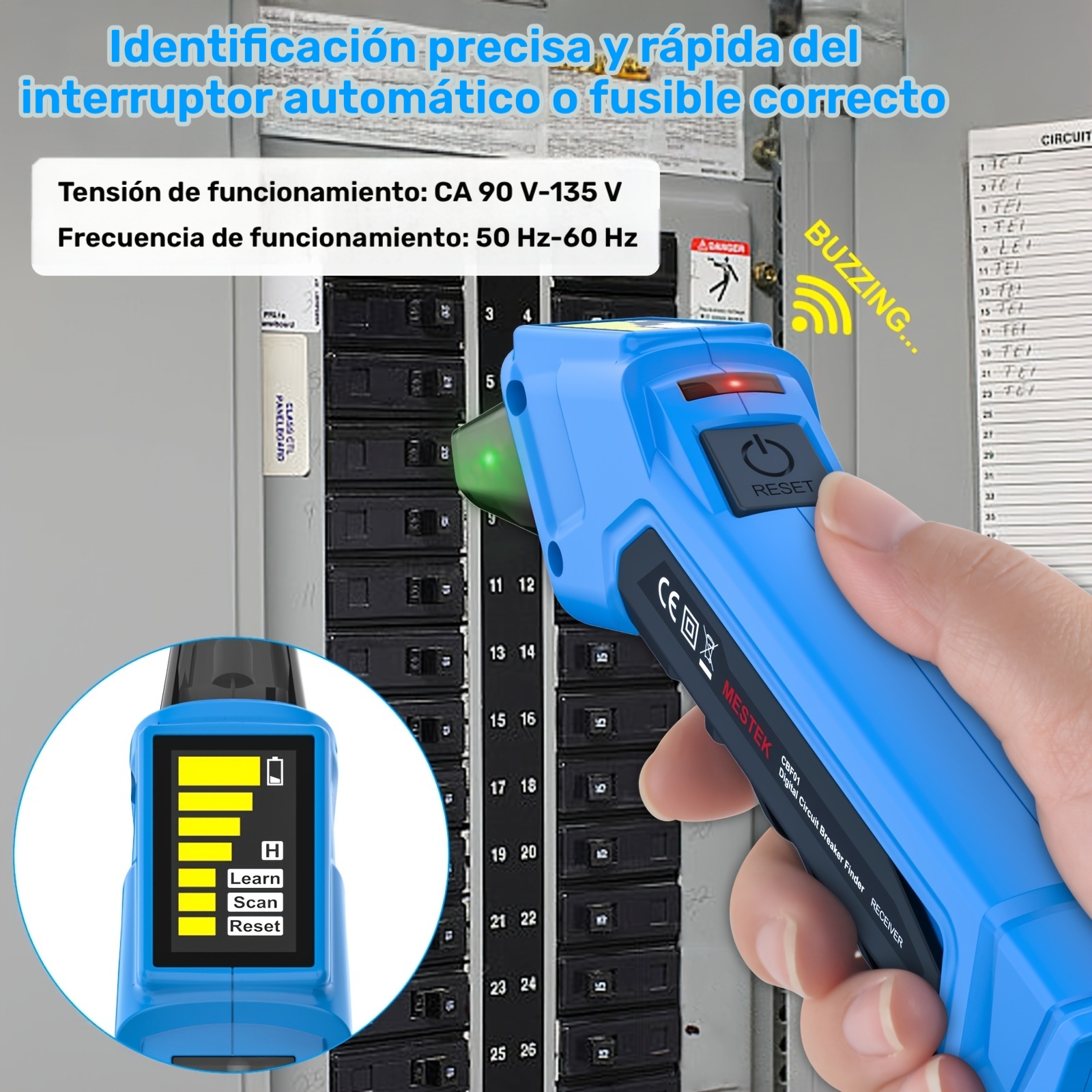 CBF01 Buscador de Disyuntores 2 EN 1, Probador Eléctrico AC 120V Detecta Fallas en Cables Comunes, Probador de Enchufes GFCI con Enchufe Estadounidense, Indicador de Bloqueo de Medidor de Enchufes con Pantalla LED, Herramienta de Rastreo de Circuitos Eléctricos, Reconocedor Rápido de Fusibles de Disyuntores, Sin Batería - Imagen 5
