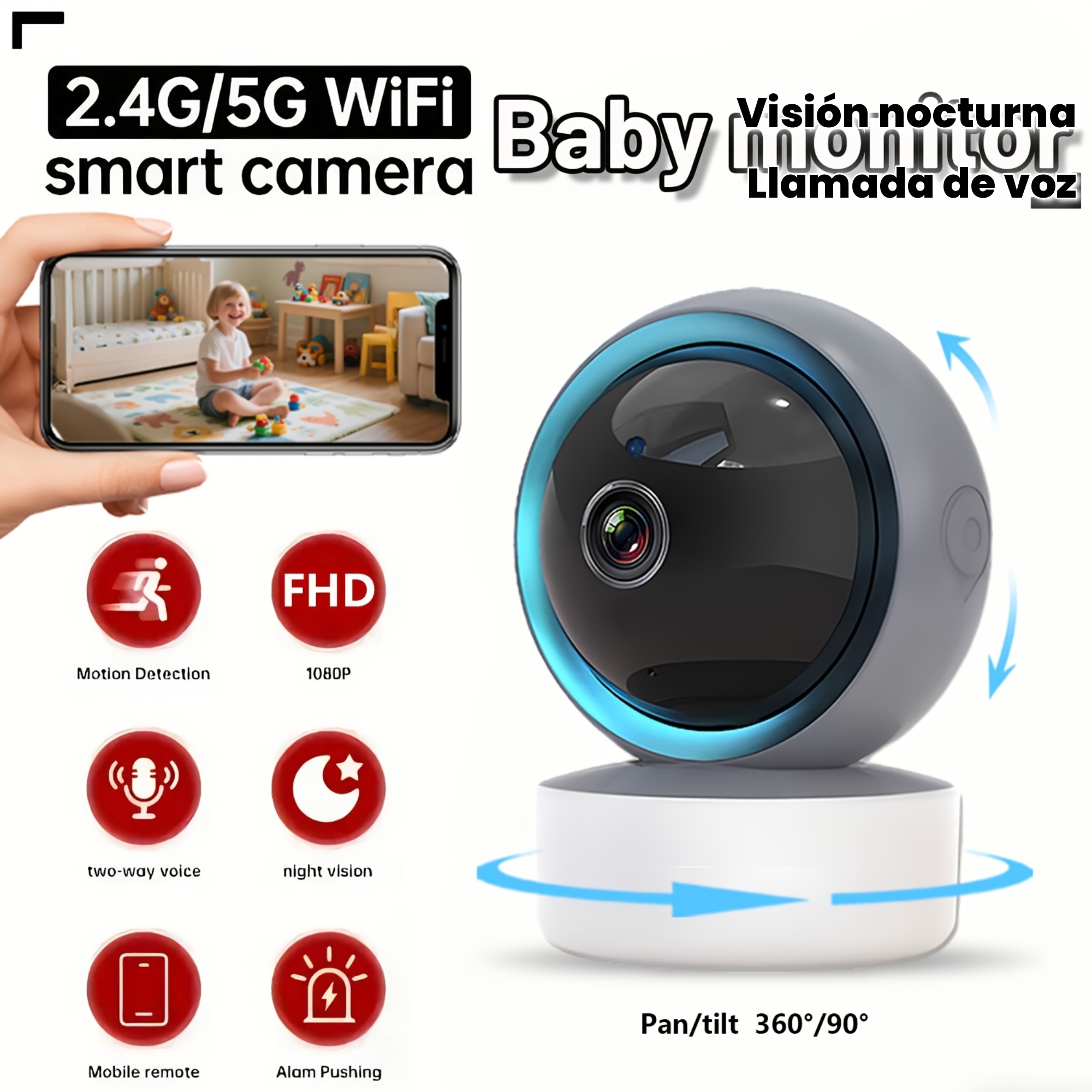 Monitor inteligente 1080P, cámara de vigilancia inalámbrica FHD para hogar, conexión dual-band 5G/2.4G WiFi, lente con giro panorámico 360°/90°, control por APP móvil, visión nocturna, detección de movimiento, llamadas bidireccionales, compatible con tarjeta de memoria/almacenamiento en la nube