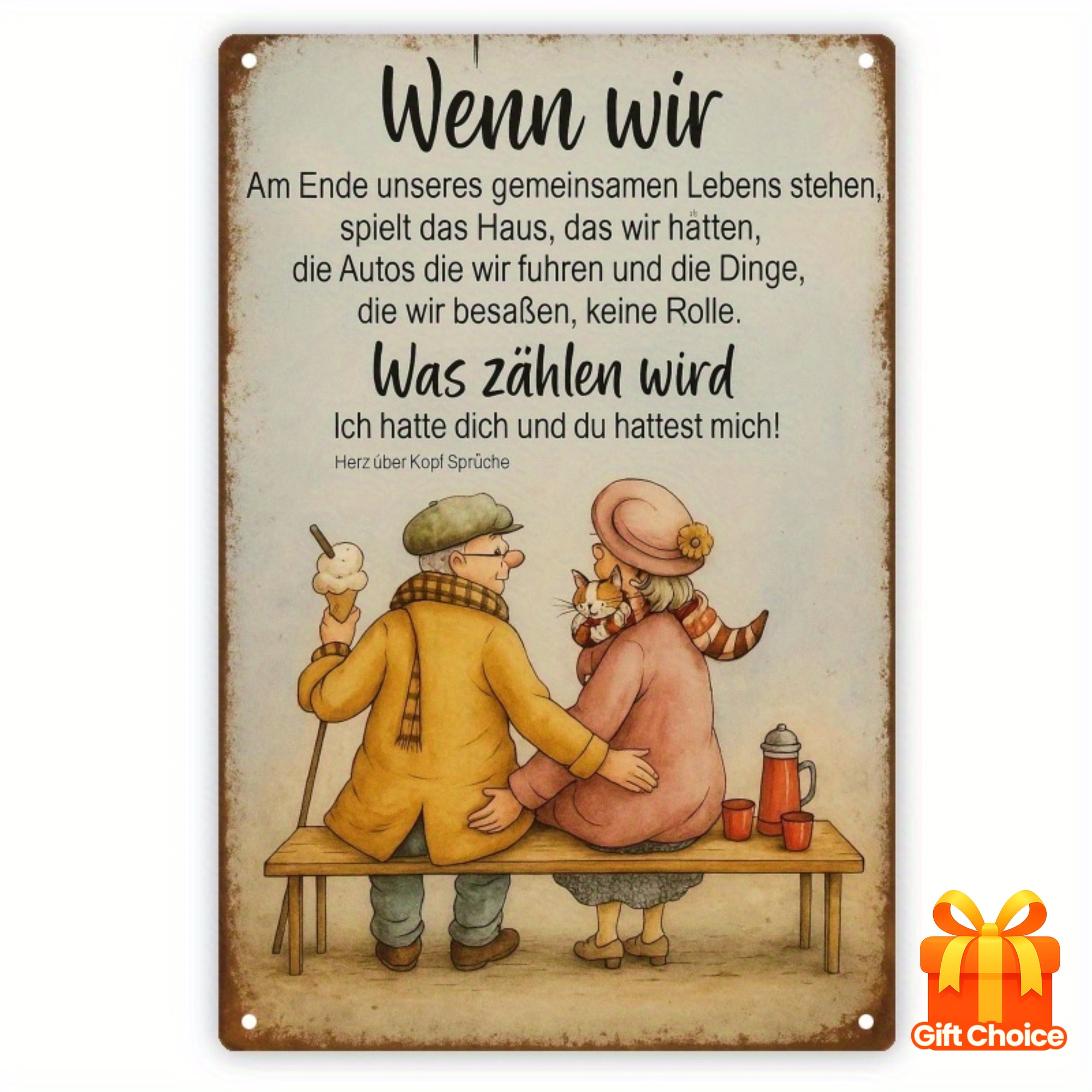 TEMU 2d Flat, 1pc Vintage-deutsches Zitat Metall-schild Rustikale Wandkunst Mit Alterem Paar Und Katzen-illustration | Fur Zuhause, Cafe,