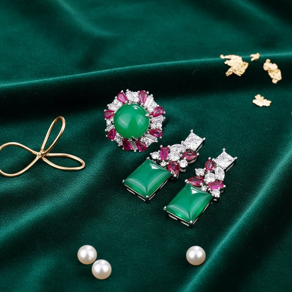 Luxurious Adjustable Ring & Princess Earrings Set, Green & Red Cubic Zirconia