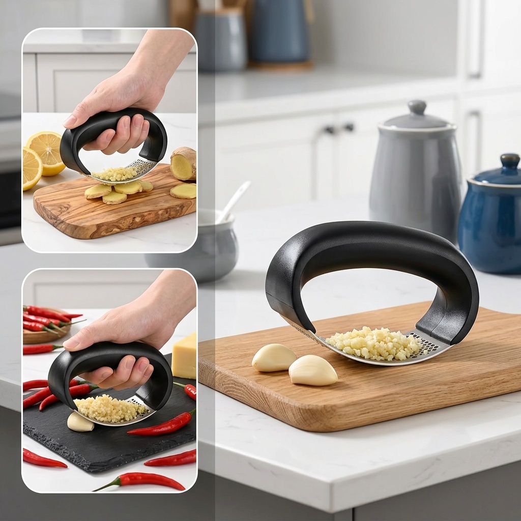 Manual Garlic Press, Black Stainless Steel Garlic Crusher