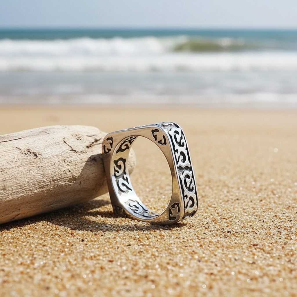 Vintage Auspicious Clouds Square Ring — Unique Design